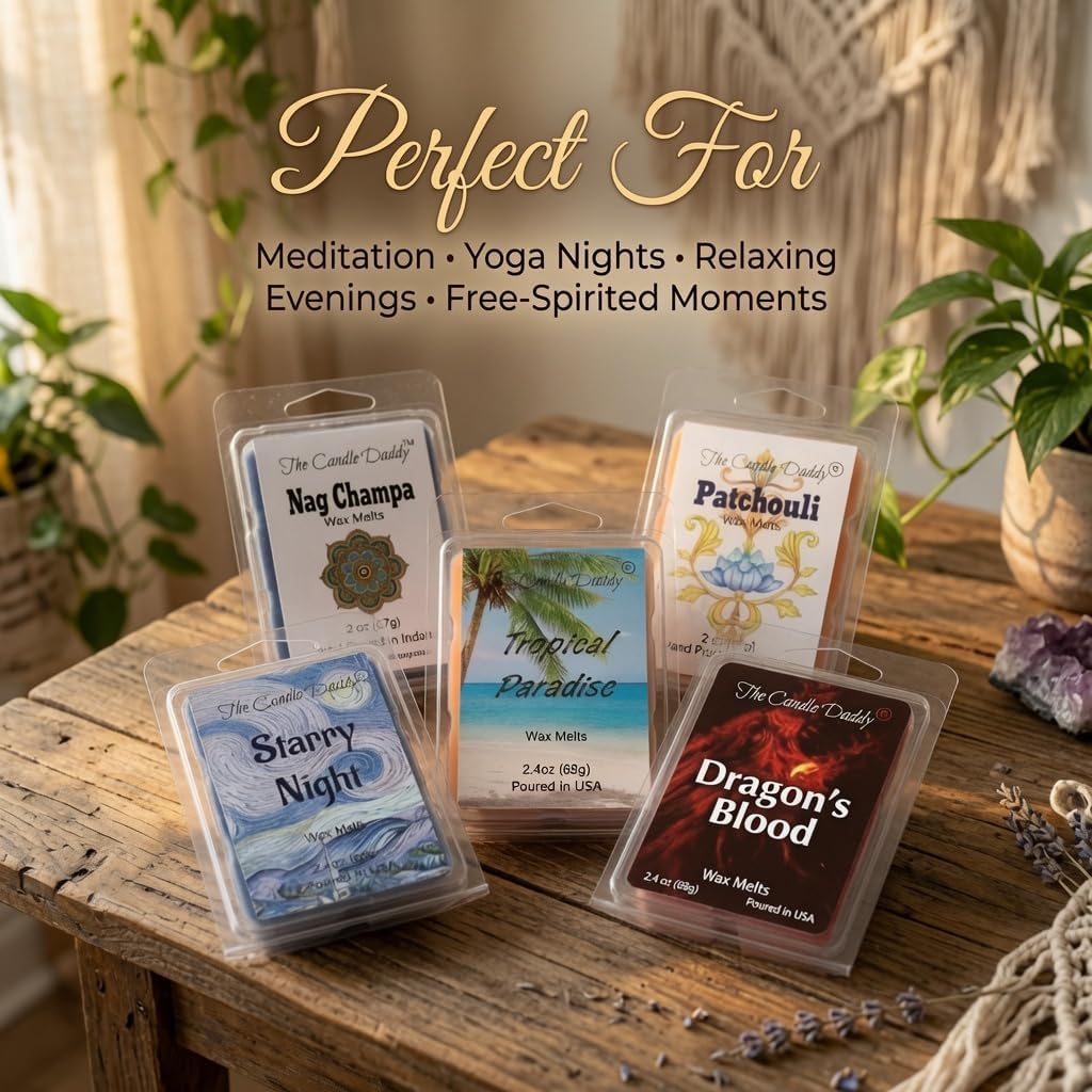 "Free Spirit Bundle" Combo Set Of Five Scented Wax Melt Cubes - Nag Champa, Patchouli, Starry Night, Tropical Paradise, Dragon's Blood Great Gift for Him Her Hippie Soul BFF Best Friend