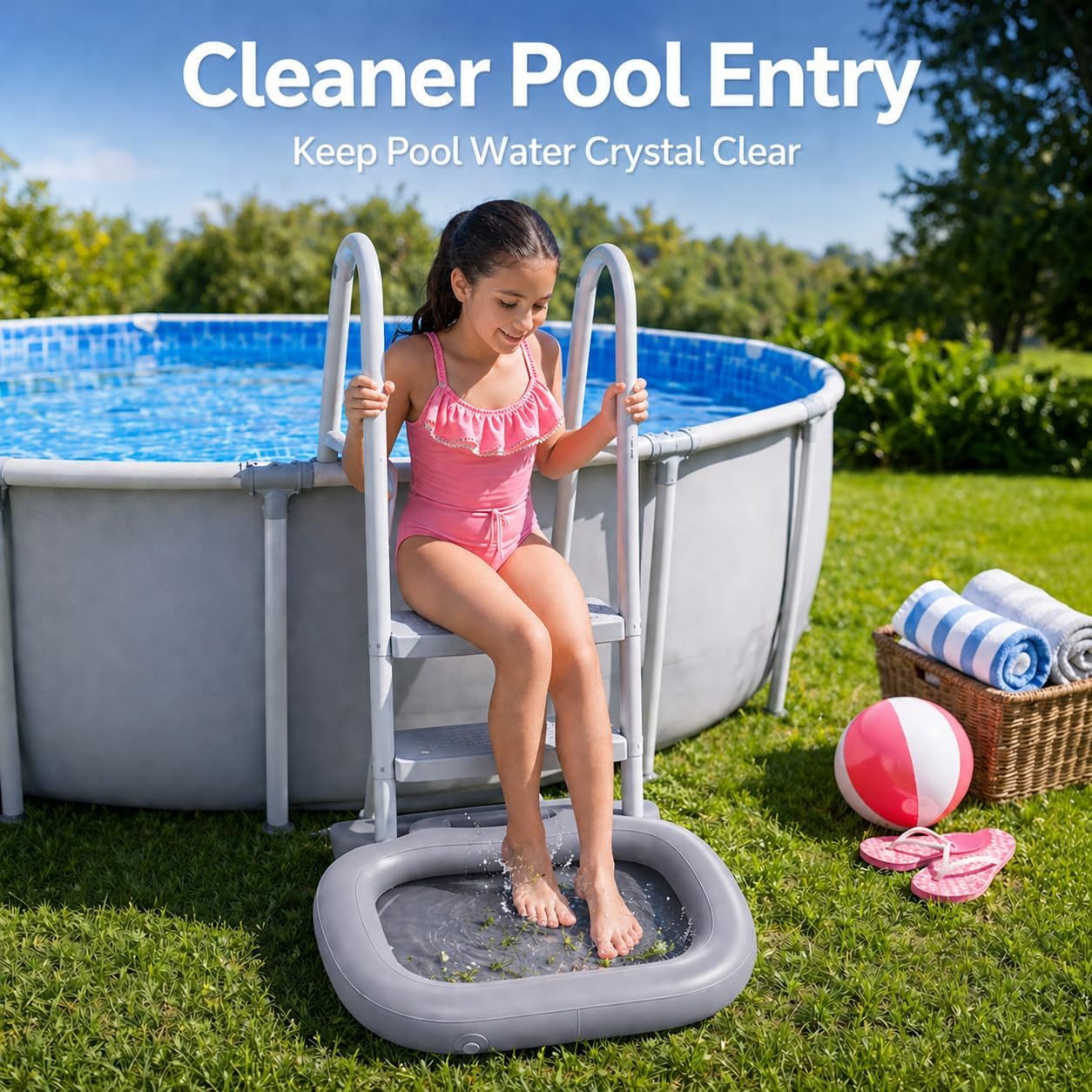 Inflatable Pool Foot Bath Basin, Portable Foot Wash Basin with Pump for Pool Entry Ladder, Above Ground Pools and Beach