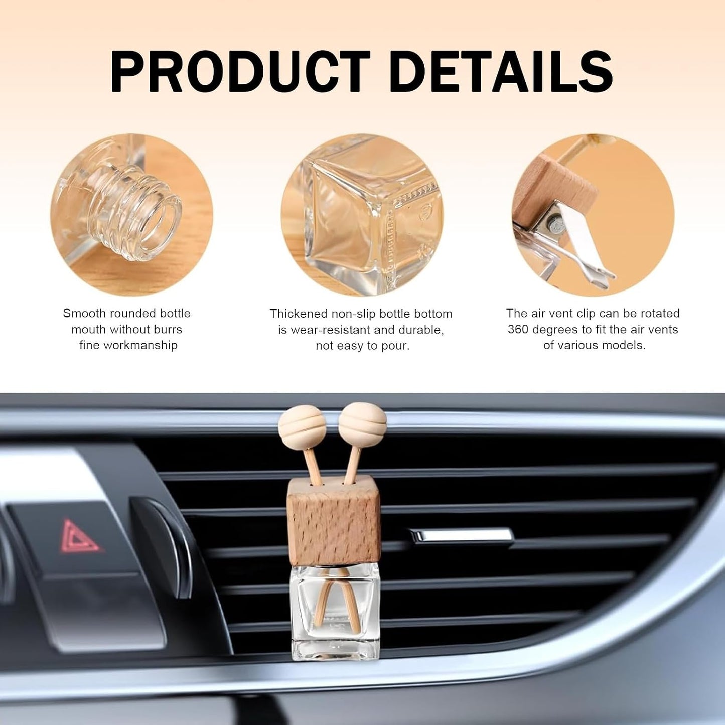 2PCS Empty Car Diffuser Bottle, Refillable Car Air Freshener Vent Clip, Car Air Freshener Diffuser Empty Glass Bottles, Car Scent Diffuser Bottle for Most Vehicles Interior Accessories