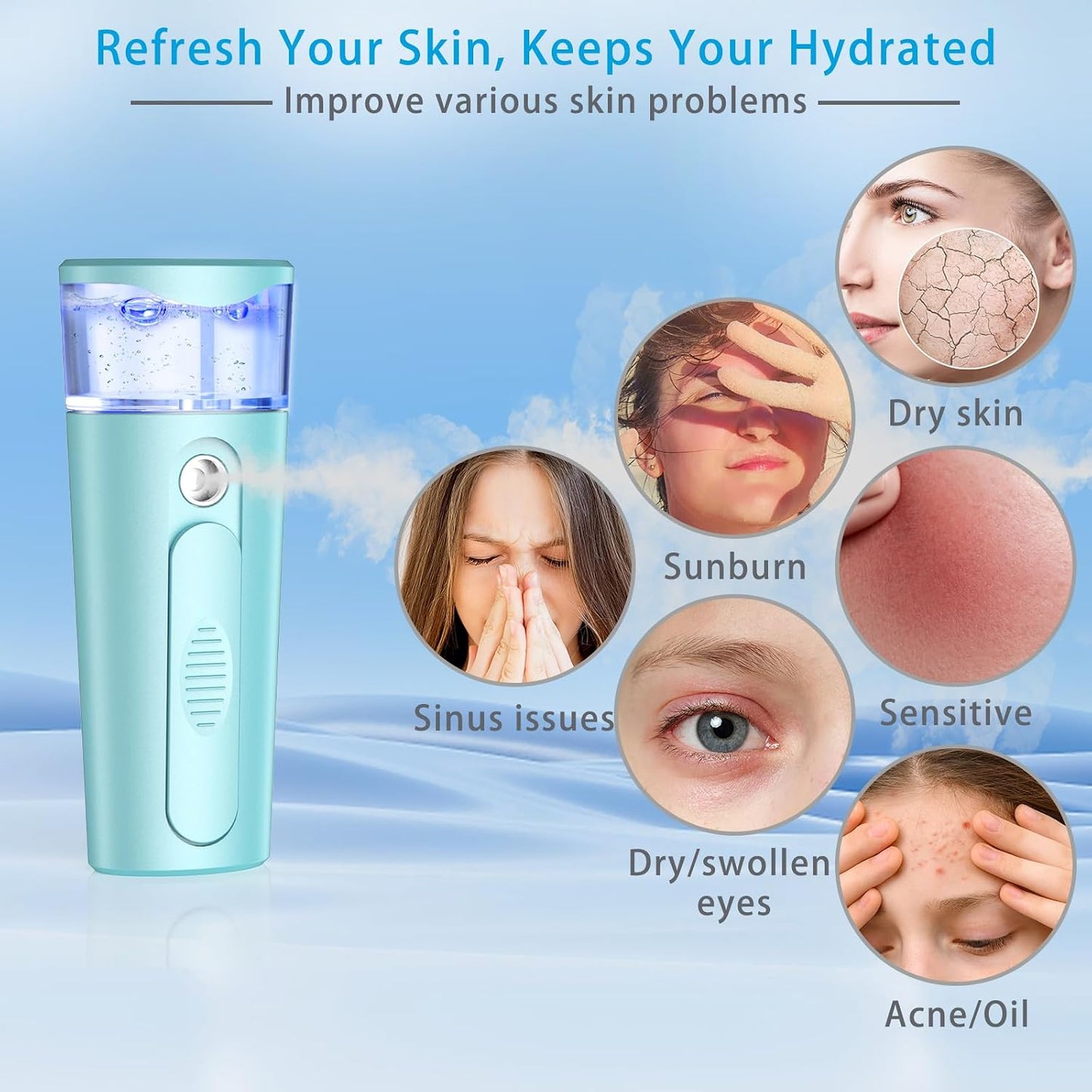 withthesun Nano Face Mister, Facial Steamer, USB Rechargeable Cool Mist Sprayer, 40ml Visual Water Tank, Face Mist for Eyelash Extensions, Facial Deep Cleaning, Makeup (Blue)