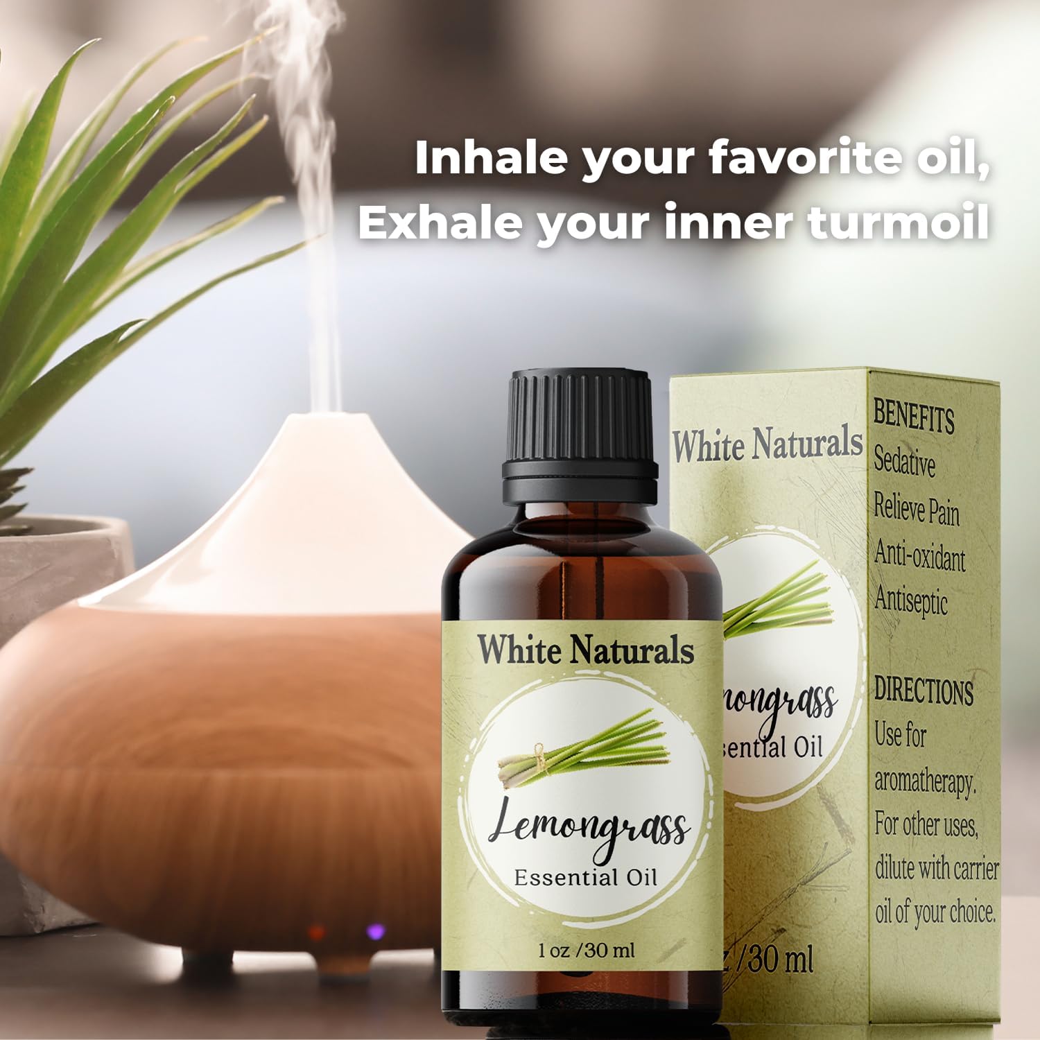 White Naturals Lemongrass Essential Oil 100% Pure and Natural, Therapeutic Premium Grade for Hair Nails and Skin, Aromatherapy Diffuser, Home and Travel, DIY