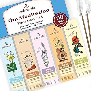 Ōm Meditation Incense Sticks - (5 Variants, 60 Insenses) Charcoal Free Inscents-Sticks | Nag Champa, 60s Patchouli Incense, Lavender Incense, Cinnamon & Sandalwood Incense, Perfect Care Gift