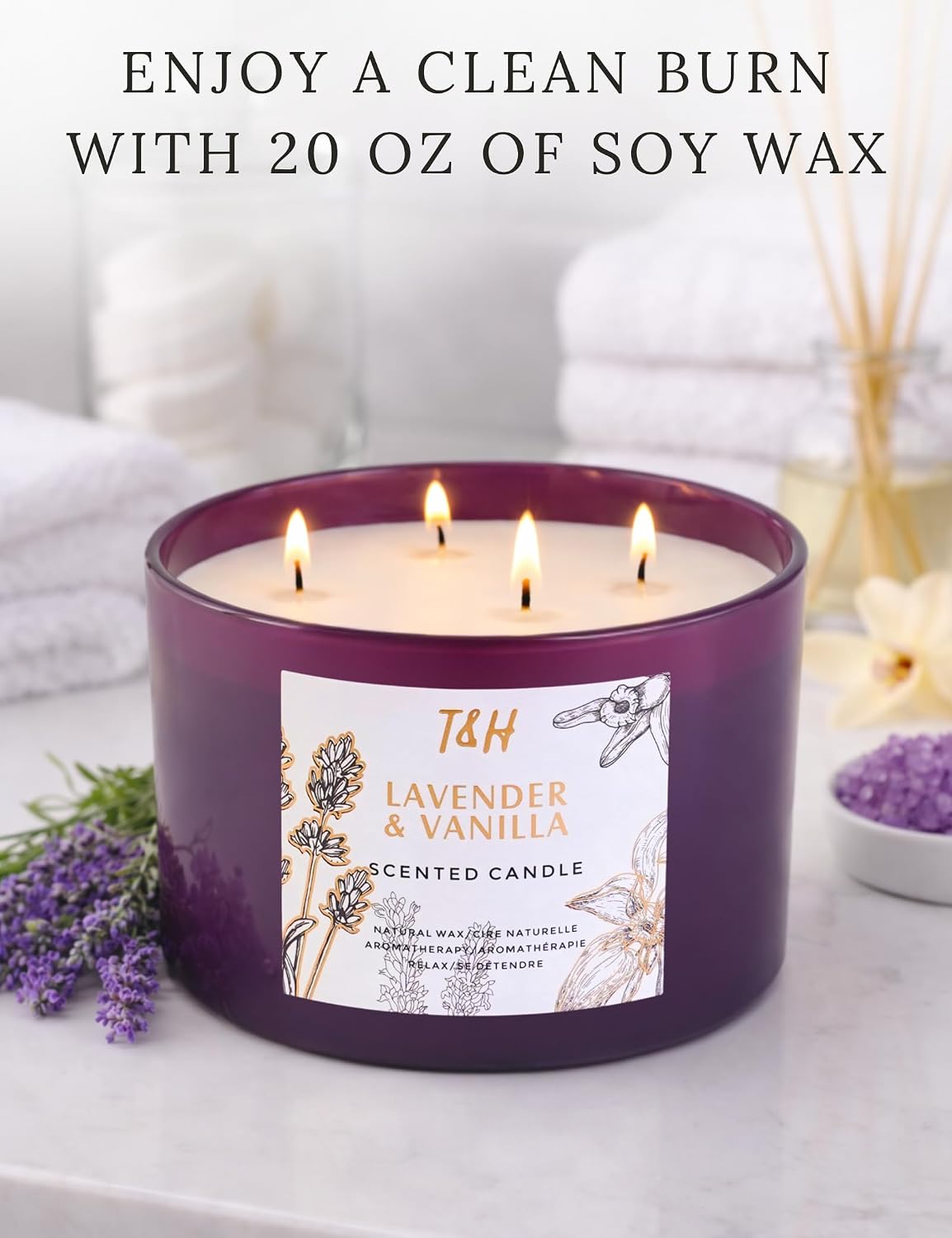 Lavender Vanilla Candle | 4 Wick Extra Large Scented Soy Candles 20 oz | Highly Scented Aromatherapy Lavender Candle for Women | Relaxing Stress Relief Home Scent | Long Lasting Clean Burn
