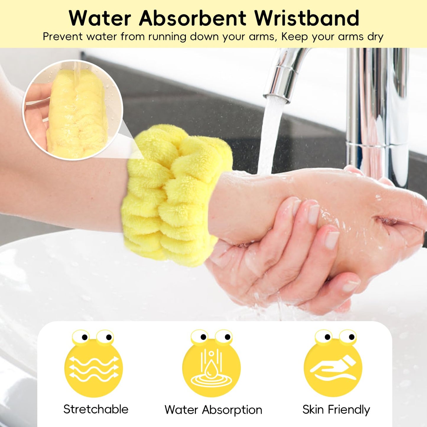 Face Wash Headband, Skincare Wrist Bands for Washing Face Set Spa Hair Bands Gift for Women Girls with a Hair Scrunchie, Cute Yellow snail tentacle Elastic Headband, for Face Washing Makeup Skincare