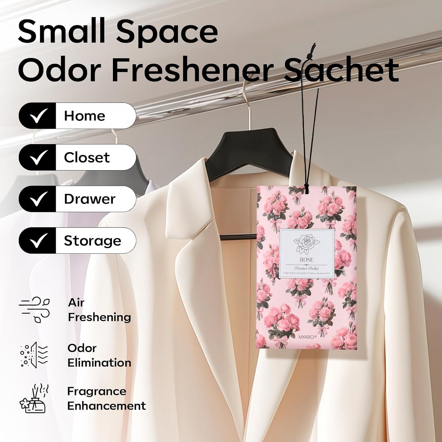MYARO 20 Pack Rose Scented Sachets for Drawer, Closet & Car - Fresh Air Freshener Bags Home Fragrance, Odor Eliminator for New House Small Storage Space & Travel Luggage