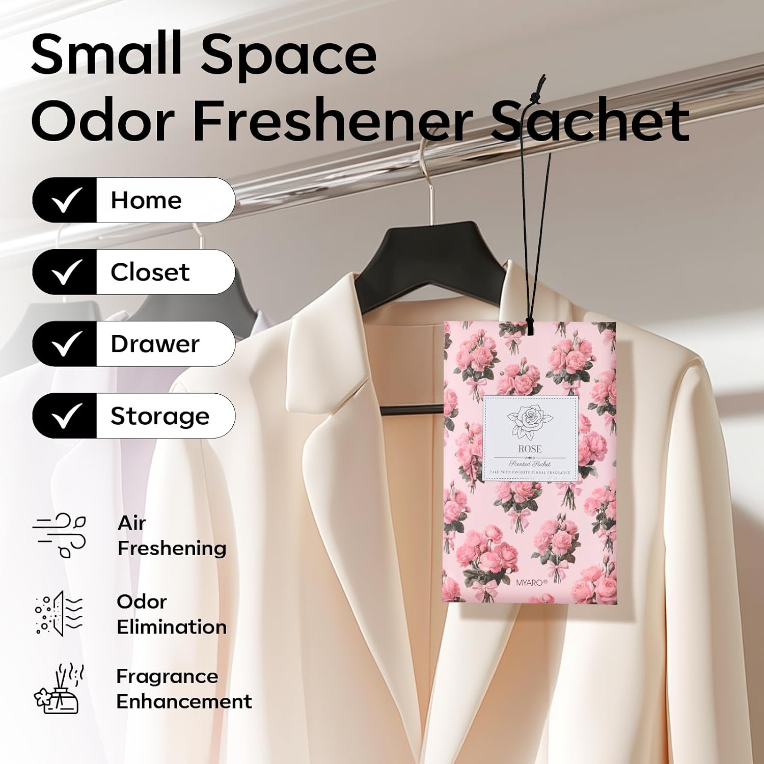MYARO 20 Pack Rose Scented Sachets for Drawer, Closet & Car - Fresh Air Freshener Bags Home Fragrance, Odor Eliminator for New House Small Storage Space & Travel Luggage