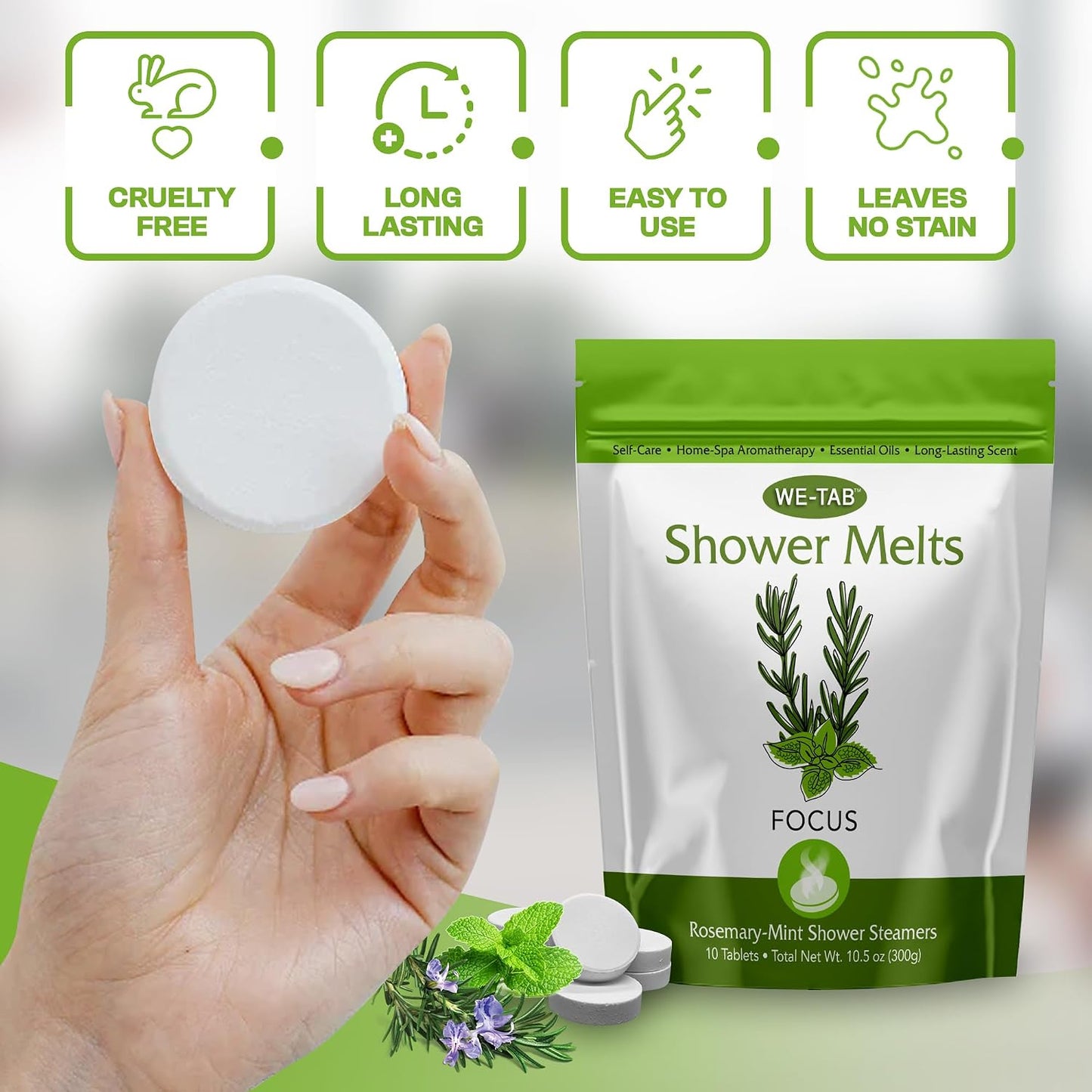 Shower Steamers 10-pk with Essential Oil Aromatherapy to Focus, Long Lasting Rosemary Mint Scent, No Stain or Artificial Dye, for Relaxation, Stress Relief & Self Care