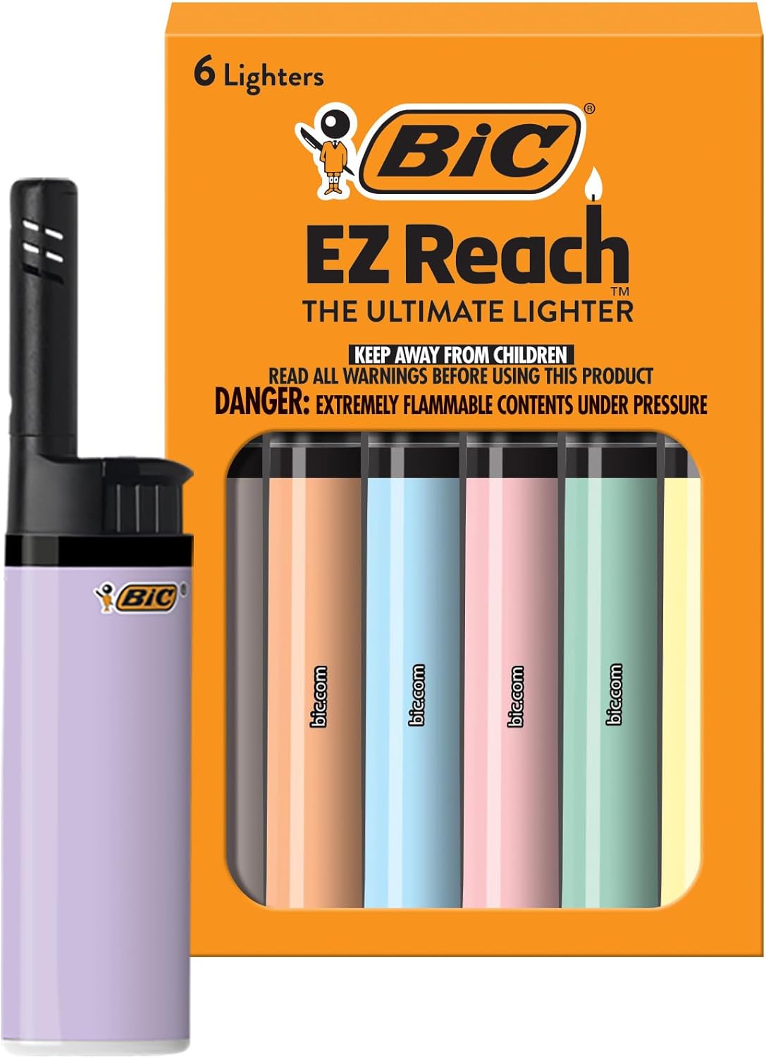 BIC EZ Reach Pastel Lighters, Reliable and Safe Candle Lighter, 6-Pack