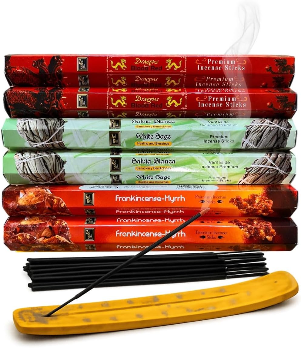 Incense Sticks Variety Pack | Dragon’s Blood, Frankincense & Myrrh & White Sage -120 Sticks | with Free Wooden Holder | Smudging Kit for Home Fragrance, Meditation & Yoga | Krishnascents
