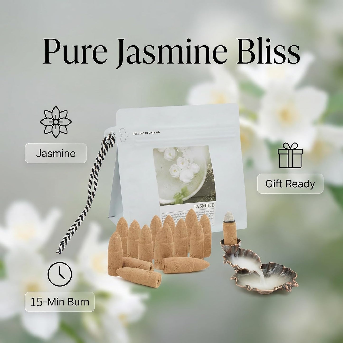 Jasmine Backflow Incense Cones - 50 Large Waterfall Back Flow Cones Scented - Includes 1 backflow Incense Burner