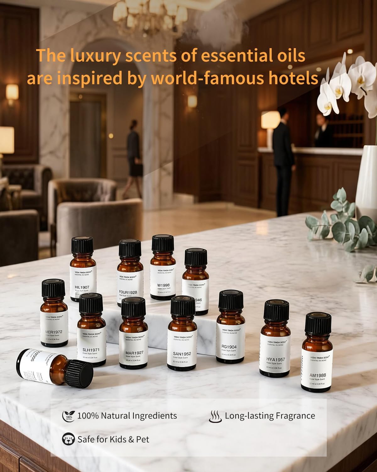 Waterless Diffuser with 12 Pack Hotel Fragrance Oils, Battery Operated Nebulising Diffuser for Home, Luxury Essential Oil Scents Inspired by 5-Star Hotels, Aromatherapy Gift Set