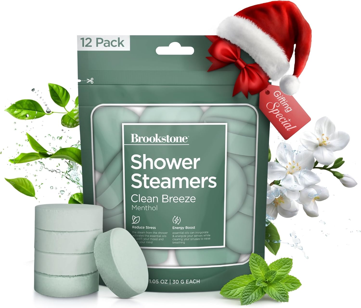 Brookstone Shower Steamers Aromatherapy 12 Tablets - Christmas Stocking Stuffers for Men, Birthday Gifts for Women, Green Elephant, Relaxation, Self Care - Shower Steamers Clean Breeze