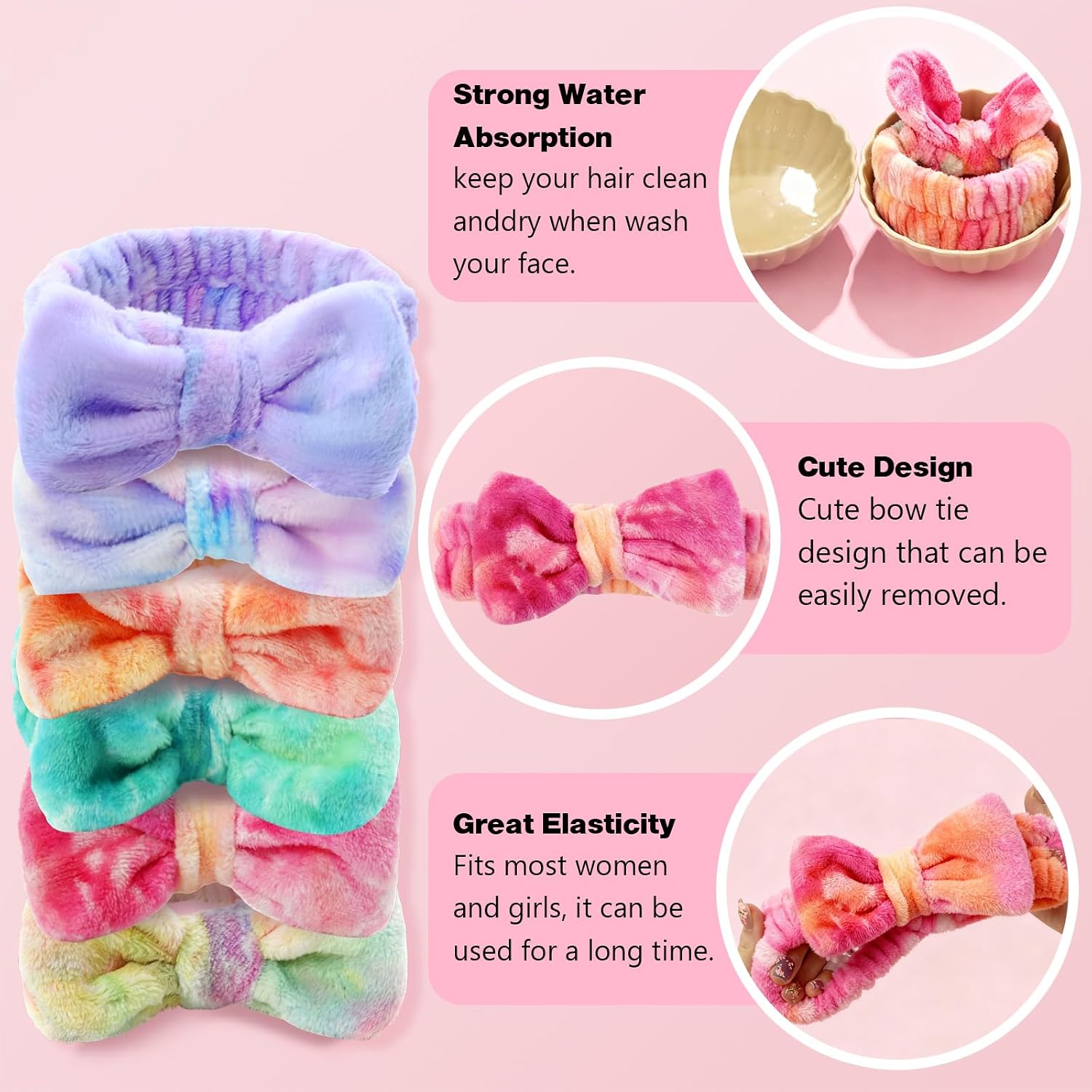 6 Pcs Spa Headbands for Washing Face | Skincare Headband with Removable Bow, Furry Face wash Headbands, Makeup Headbands for Women, Teen, Girls