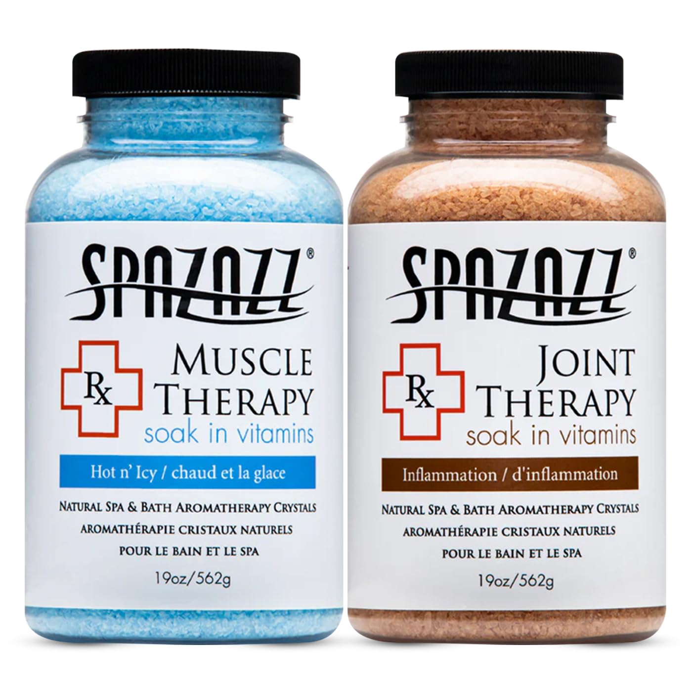 Spazazz Hot Tub Aromatherapy Spa and Bath Salts Crystals 2 Pack Bundle- One 19 Oz Jar Each Spazazz Muscle Therapy and Joint Therapy Plus a 5 Point Massager- Safe for All Spa and Hot Tub
