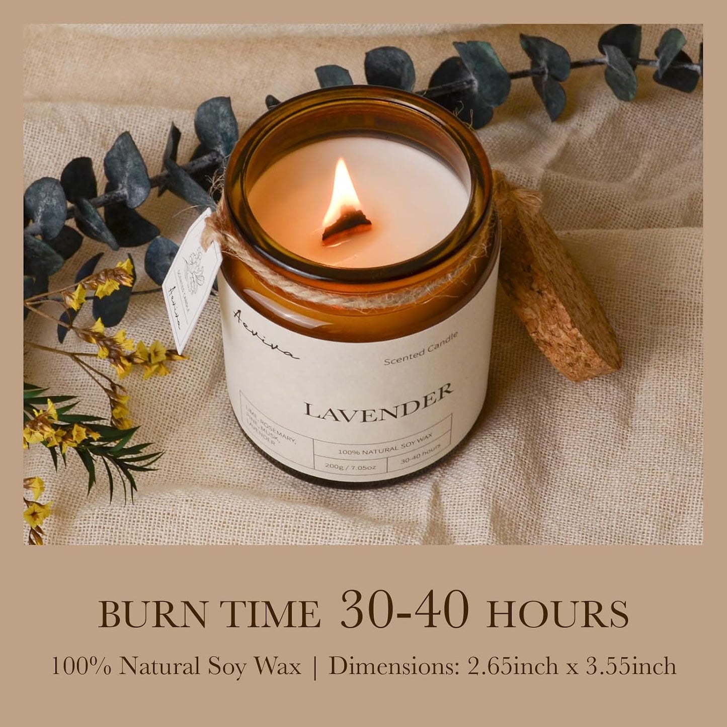 Scented Candle, 7.05 oz Lavender Aromatherapy Candle, Natural Soy Wax with Wooden Wick, Candles for Home Scented, Stress Relief Amber Jar Candle Gifts