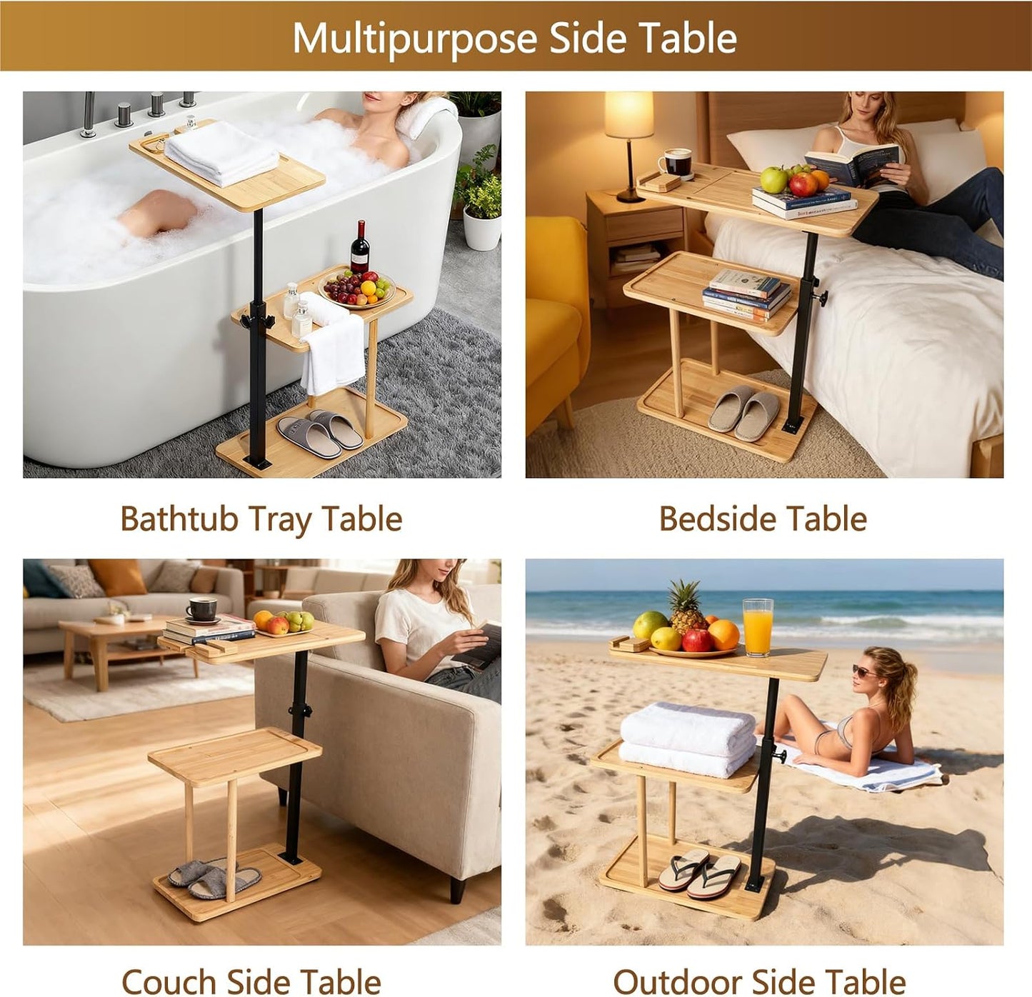 3 Layer Bathtub Tray Table,Bamboo Swivel Bathtub Side Table Height Adjustable,Freestanding Bathtub Tray for Tub Against Wall,Bathtub Accessories&Bathroom Organizer for Luxury Home Spa (Natural1)