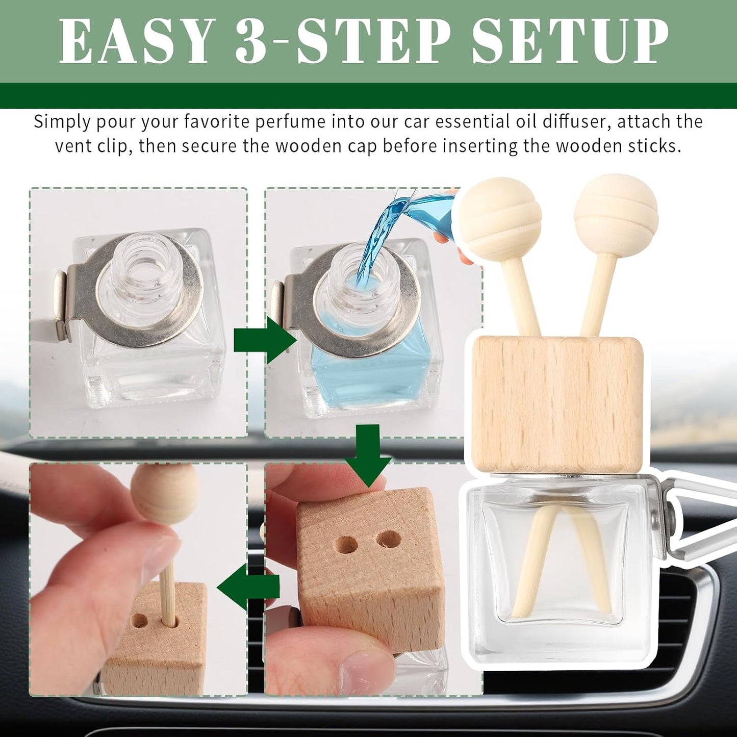 2PCS Car Diffuser Bottle with Vent Clip,Refillable Car Air Freshener with Wooden Lid and Stick,Transparent Empty Cars Diffuser Bottles as Cars Diffusers for Essential Oils