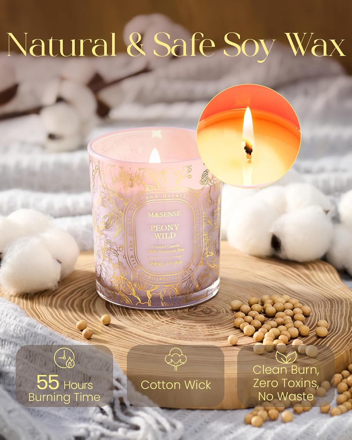 M&SENSE Wild Peony Soy Scented Candle, 10.3oz Golden Stamped | 55H Burn Time, Clean Non-Toxic, Summer Floral Romantic, Housewarming Gift