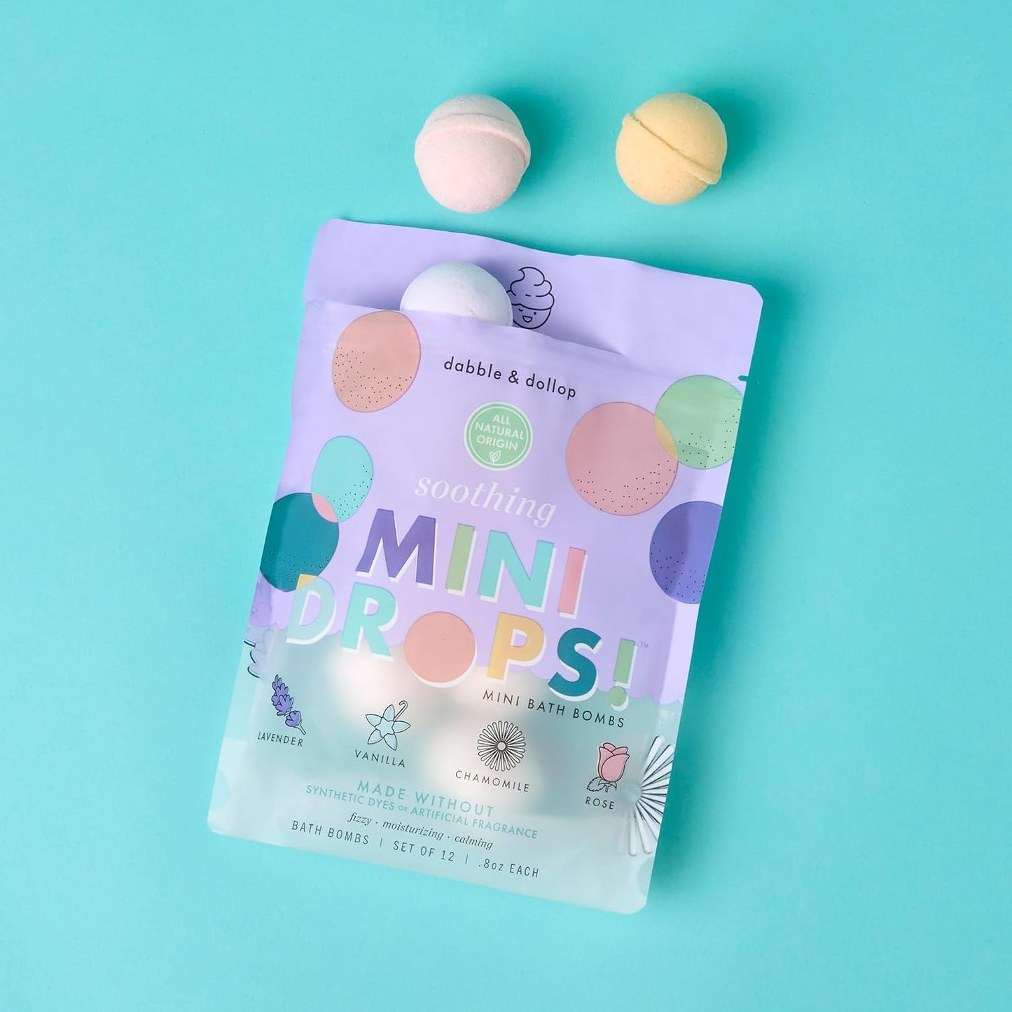 Dabble & Dollop Mini Bath Bombs, Soothing Scents - Natural Origin, Mixable Scents, Clean Ingredients, No Synthetic Dyes, Toddler & Kids Bath Bombs in Resealable Pouches (Set of 24)