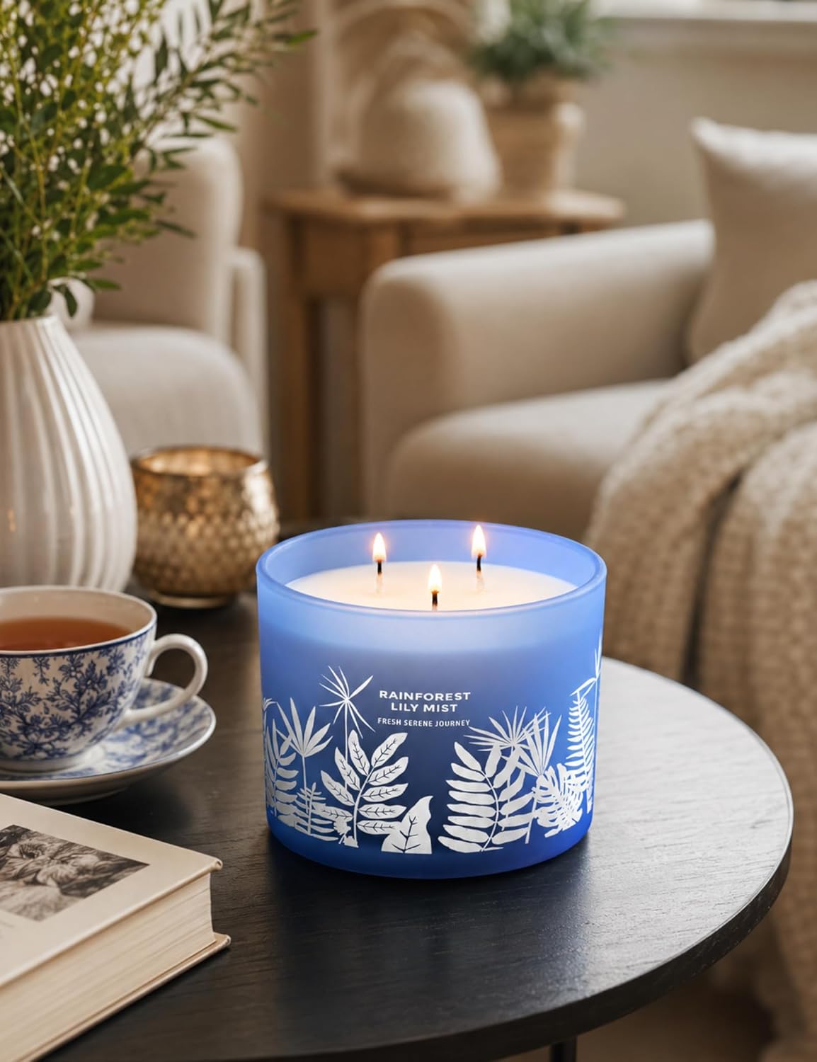 Large 3 Wick Scented Soy Candle for Home | Rainforest Lily Mist | 14.5oz Aromatherapy Spa Candle | Fresh Rain, Lily of the Valley, Jasmine & Cedarwood | Clean Burn Long Lasting | Gift for Women & Men