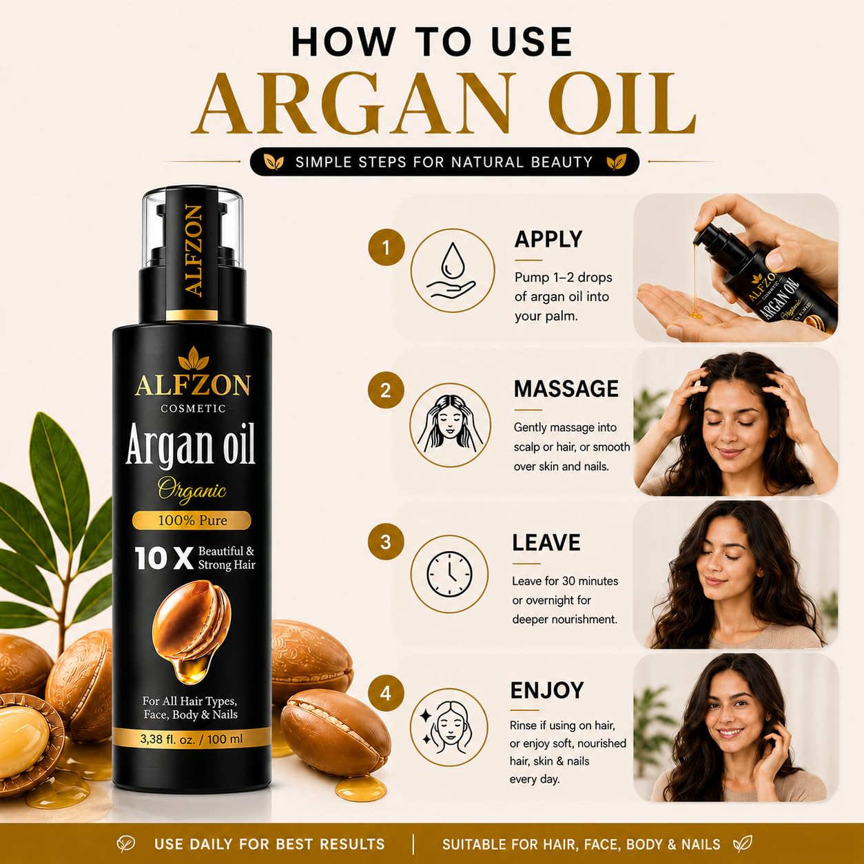 Moroccan Argan Oil 100% Pure USDA Organic Cold Pressed Unrefined – Deep Moisturizing Hair & Scalp Treatment for Dry, Damaged, Curly & Frizzy Hair – Face & Skin – 3.38 Fl Oz Glass Bottle