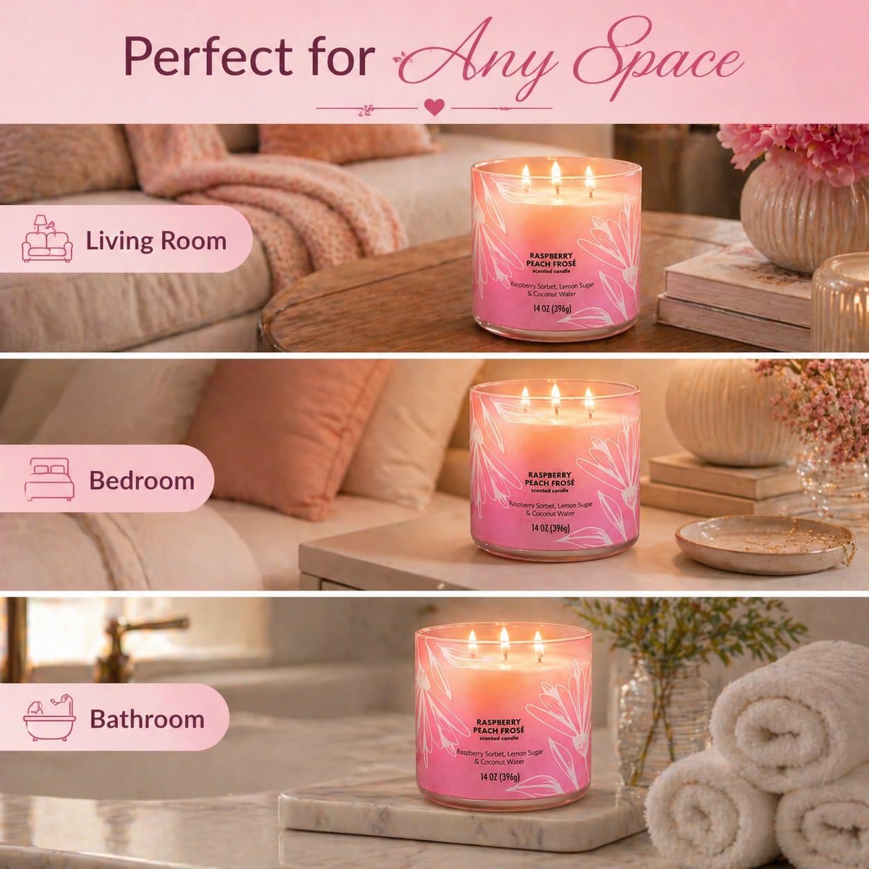3 Wick Scented Candle, 14 oz, Ombre Glass Jar, Raspberry Peach Fragrance, Decorative for Living Room, Bedroom, and Gift
