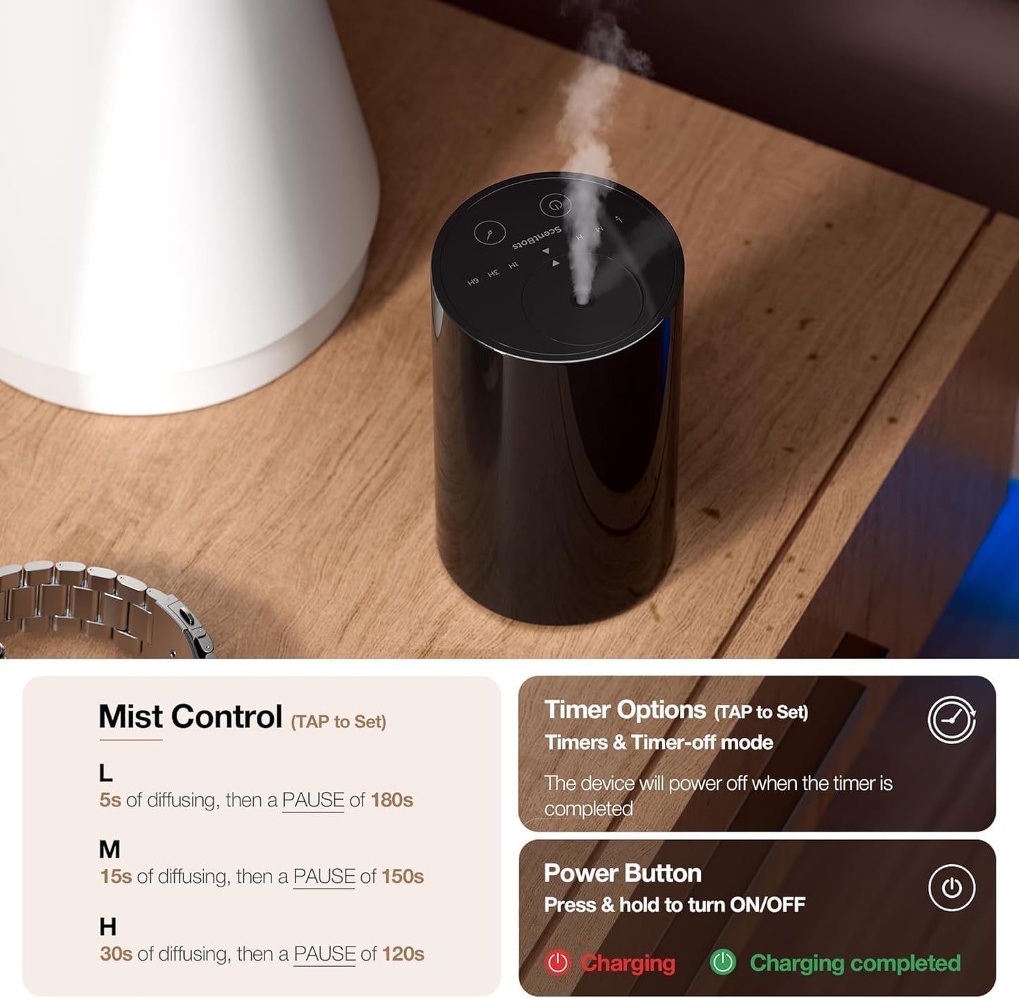 Waterless Essential Oil Diffuser Starter Kit, Battery Operated Mini Scent Air Machine Portable Diffuser for Home Car Office, ANZ Black Kit
