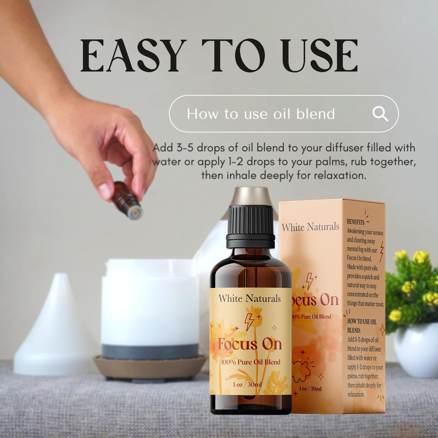 White Naturals Focus On Essential Oil Blend – Refreshing Aromatherapy Oil for Clarity & Attention, 100% Pure & Natural Essential Oils for Productivity, 1oz