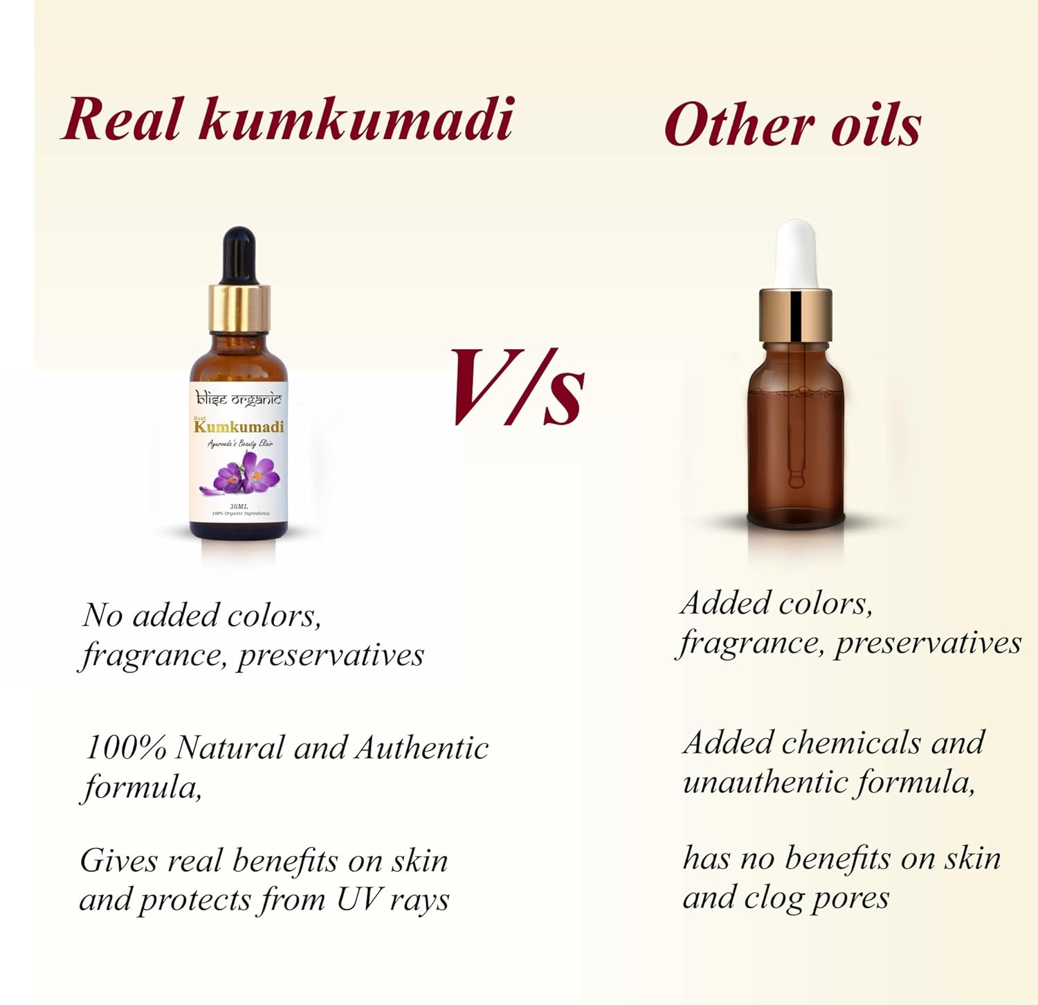 Blise organic Real Kumkumadi oil - 100% Pure and Natural, Chemical Free, Serum Face Oil, Made with Potent and Rare 30 wild Herbs, Enriched with Saffron and sandalwood and, Non GMO