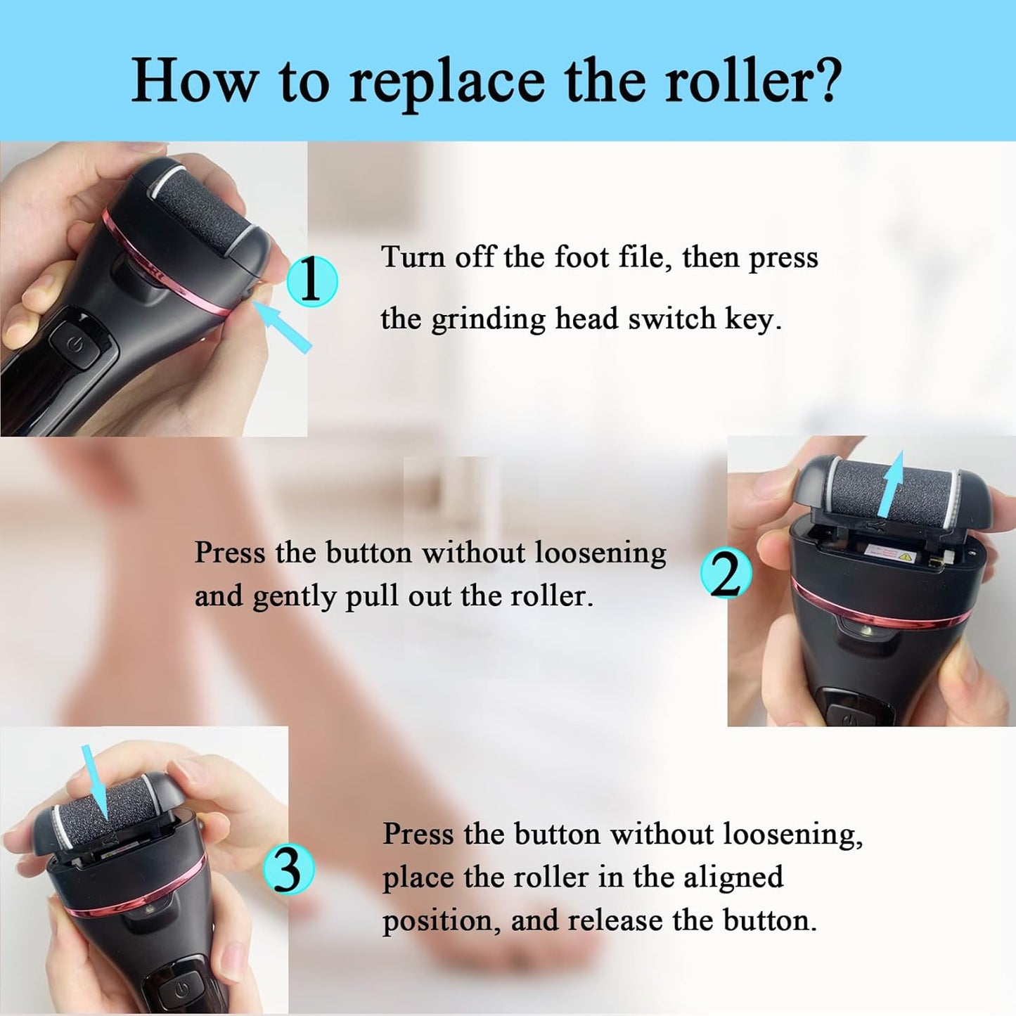 CIVYPRO Extra Coarse 3 Refill Rollers for Electric Feet Callus Remover V-601, Replacement Heads Foot Care Pedicure Tools Pack-1 Coarse, 1 Regular and 1 Gentle Rollers (Black)