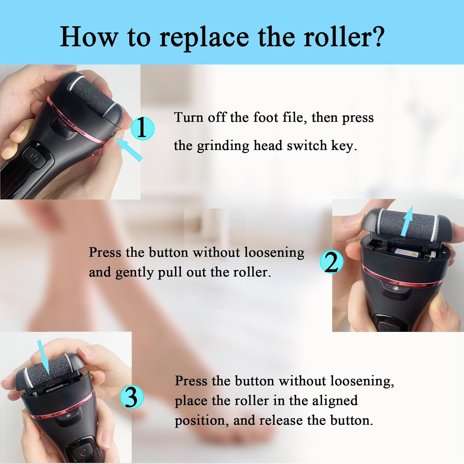 CIVYPRO Extra Coarse 3 Refill Rollers for Electric Feet Callus Remover V-601, Replacement Heads Foot Care Pedicure Tools Pack-1 Coarse, 1 Regular and 1 Gentle Rollers (Black)