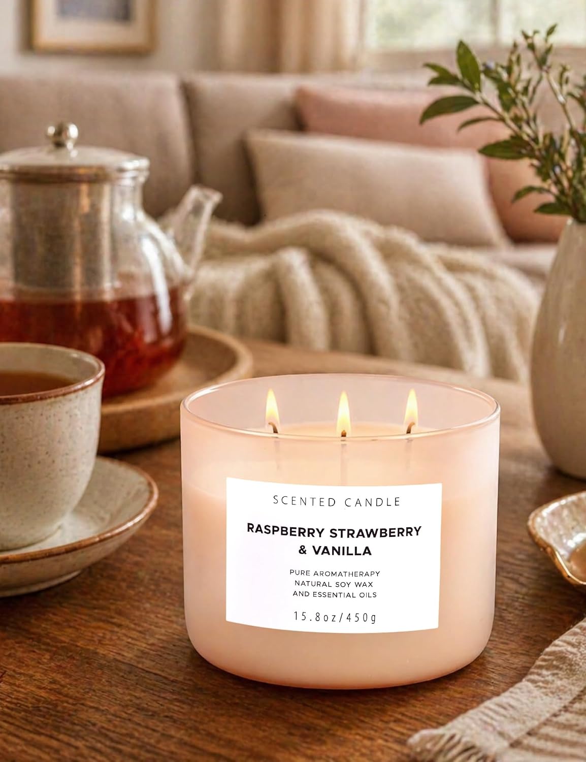 Raspberry Strawberry Vanilla 3-Wick Scented Soy Candle 15.8 oz | Large Sweet Berry Vanilla Scented Candle for Home | Relaxing Aromatherapy Candle | Strong Throw & Long Lasting