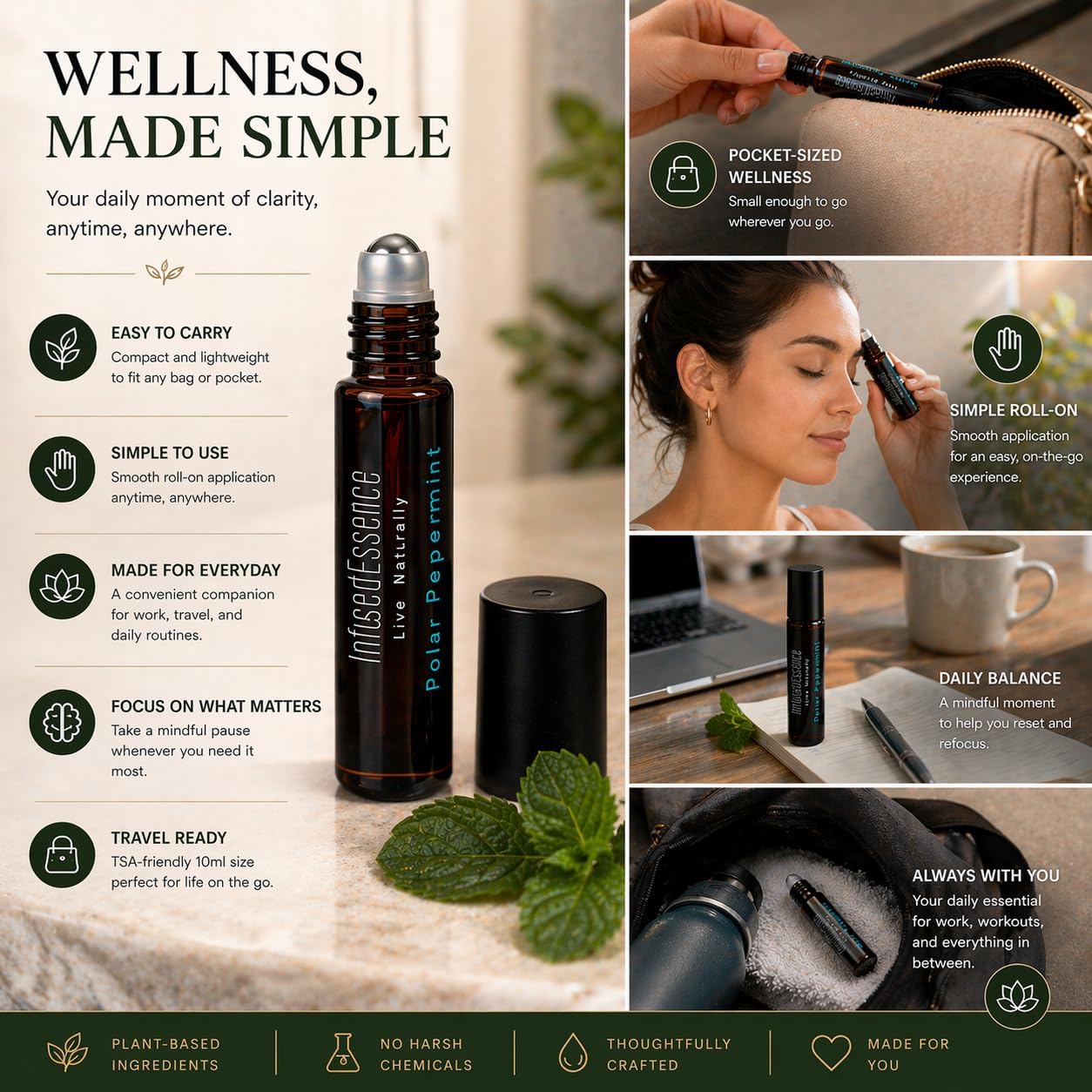 Polar Peppermint Essential Oil Roll-On 10 ml – 100% Pure & Natural Peppermint Aromatherapy Roller – Cooling Sensation for Focus, Relaxation & Daily Wellness