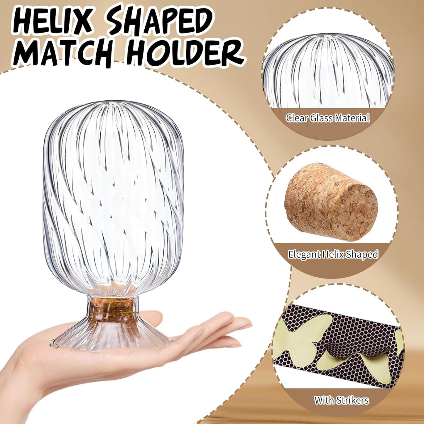 Glass Match Holder Jar with Striker, Decorative Glass Container for Matches for Bathroom Fireplace and Home Display (Helix Shaped)