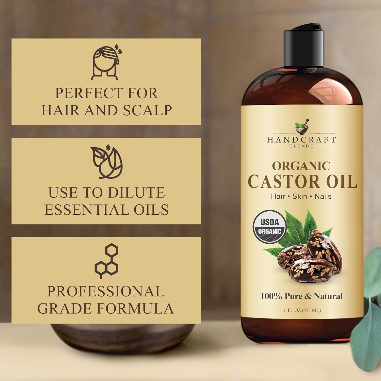 Handcraft Blends Rich Care Set: Organic Castor Oil and Apricot Kernel Oil – (2 x 16 Fl Oz) – 100% Pure & Natural – Carrier Oils for Hair, Skin, and Massage