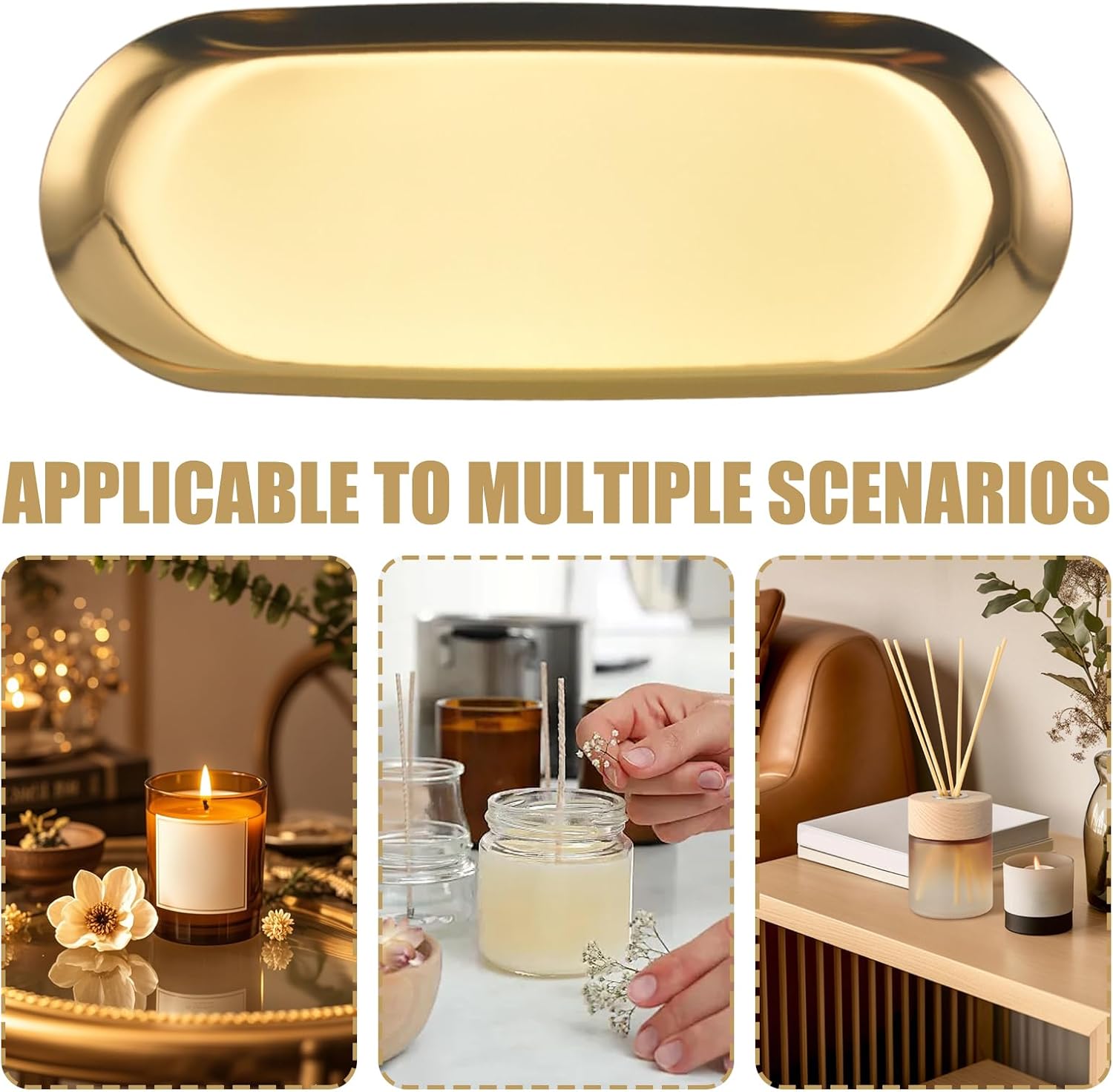 Candle Tray - 9.06×3.74×0.39 in Modern Golden Jewelry Dish, Stainless Decorative Tray for Farmhouse, Kitchen, Bathroom, Home, Coffee Table, Counter
