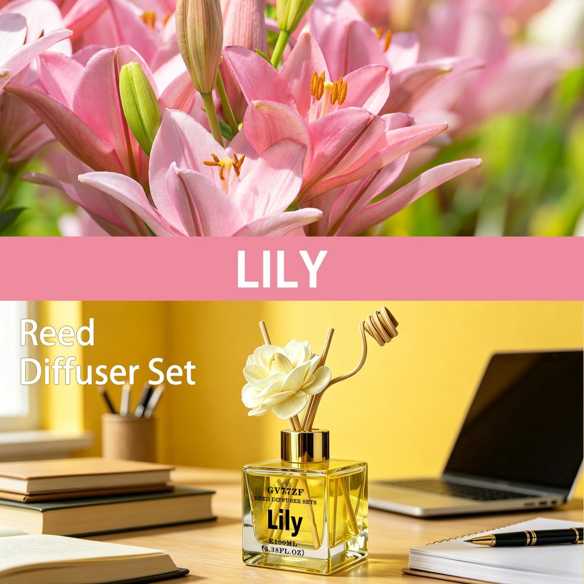 Lily Reed Diffuser – 3.38 oz Glass Bottle with Rattan Sticks & Dried Flowers, Fresh White Floral Scent for Home, Adjustable Intensity, Aroma Gift