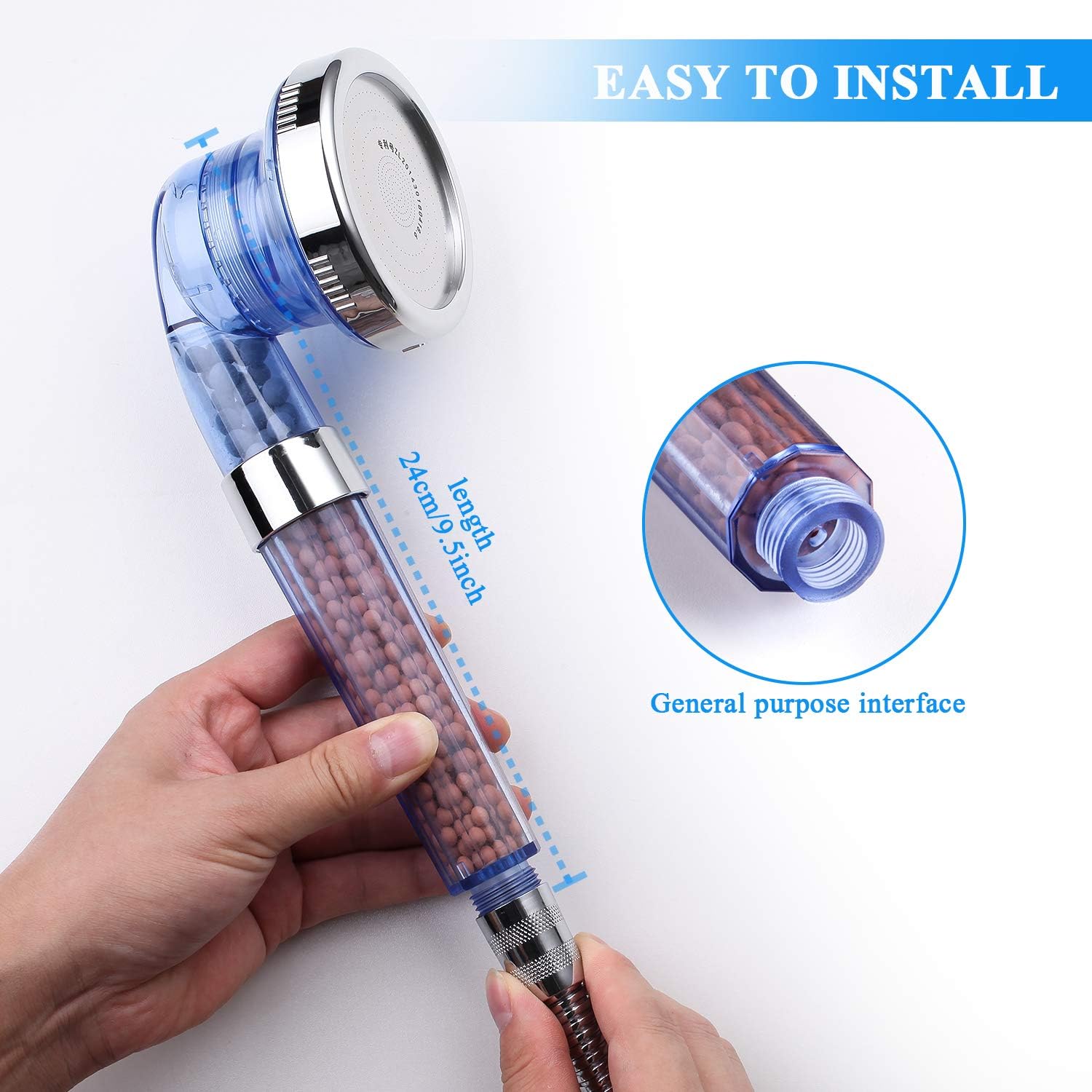 Detachable Ionic Filter Shower Head, High Pressure Showerhead with 3 Setting, Water Saving and Purify Water Quality, Stone Filter Beads Handheld Shower for Dry Hair and Skin Spa