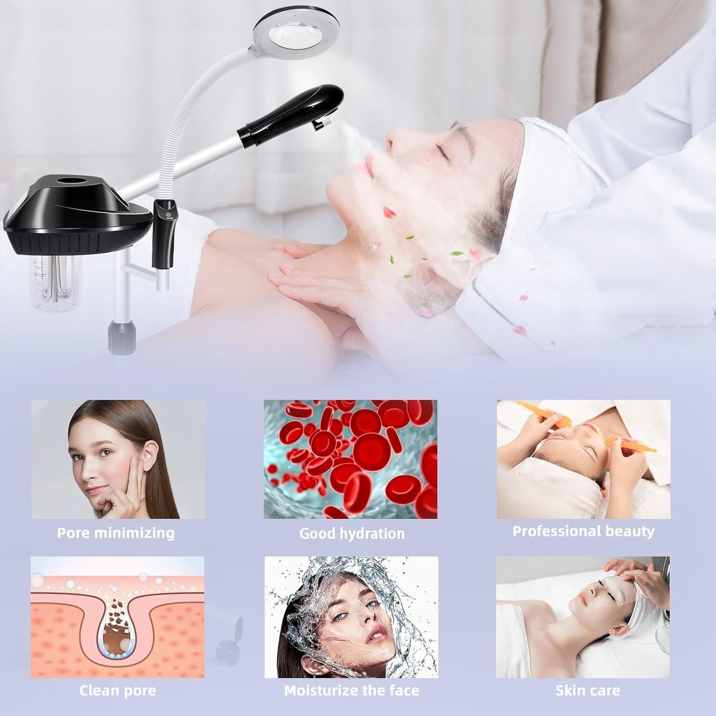 Professional Facial Steamer, 2 in 1 Face Steamer on Wheels with 5X Magnifying Lamp for Deep Cleansing and Hydration, with Time Setting for Spa, Salon and Home Use