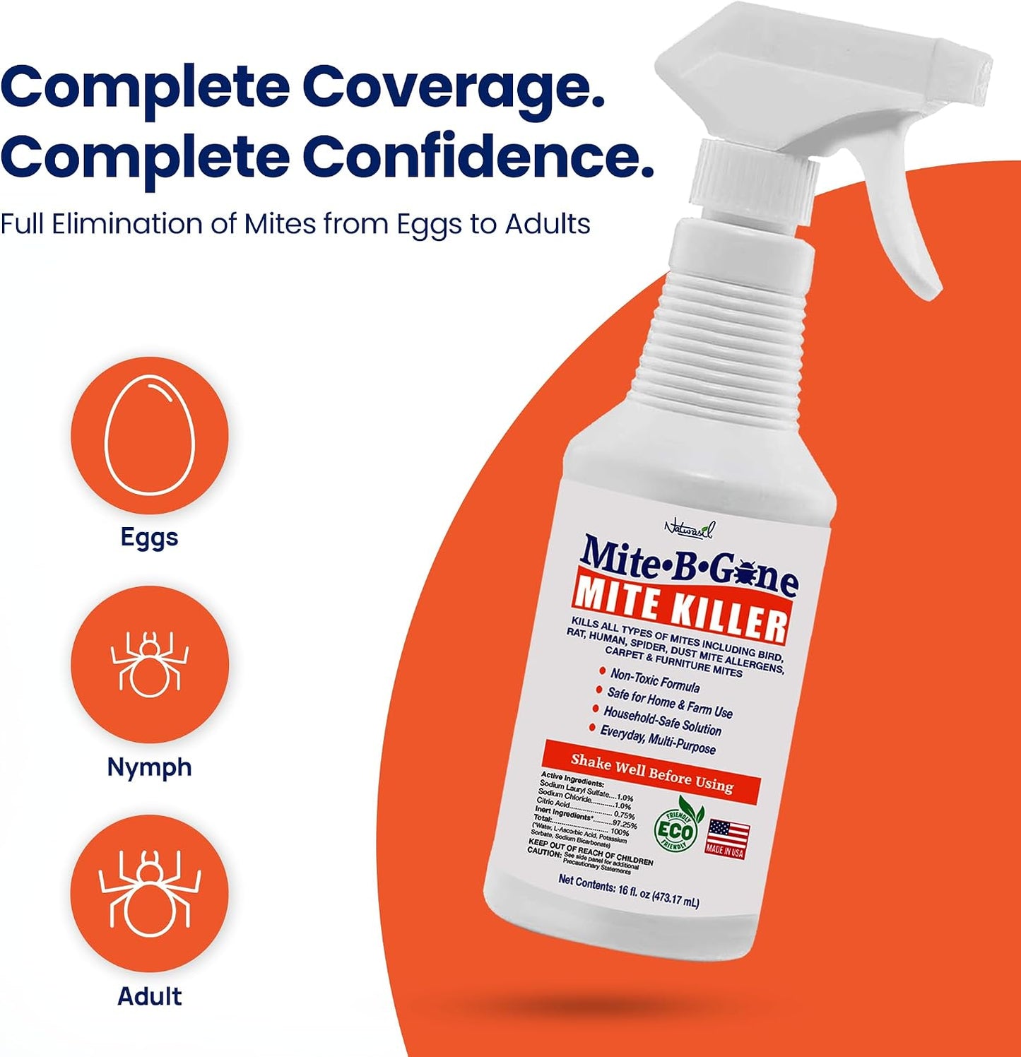 Dust Mite Killer Spray by Mite-B-Gone 16oz | Naturally Kills Human Mites, Chicken, Bird, Dust, Spider, Rat, Turkey, Carpet Mites | Family & Pet Safe Treatment for Homes, Furniture, Bedding & Farms