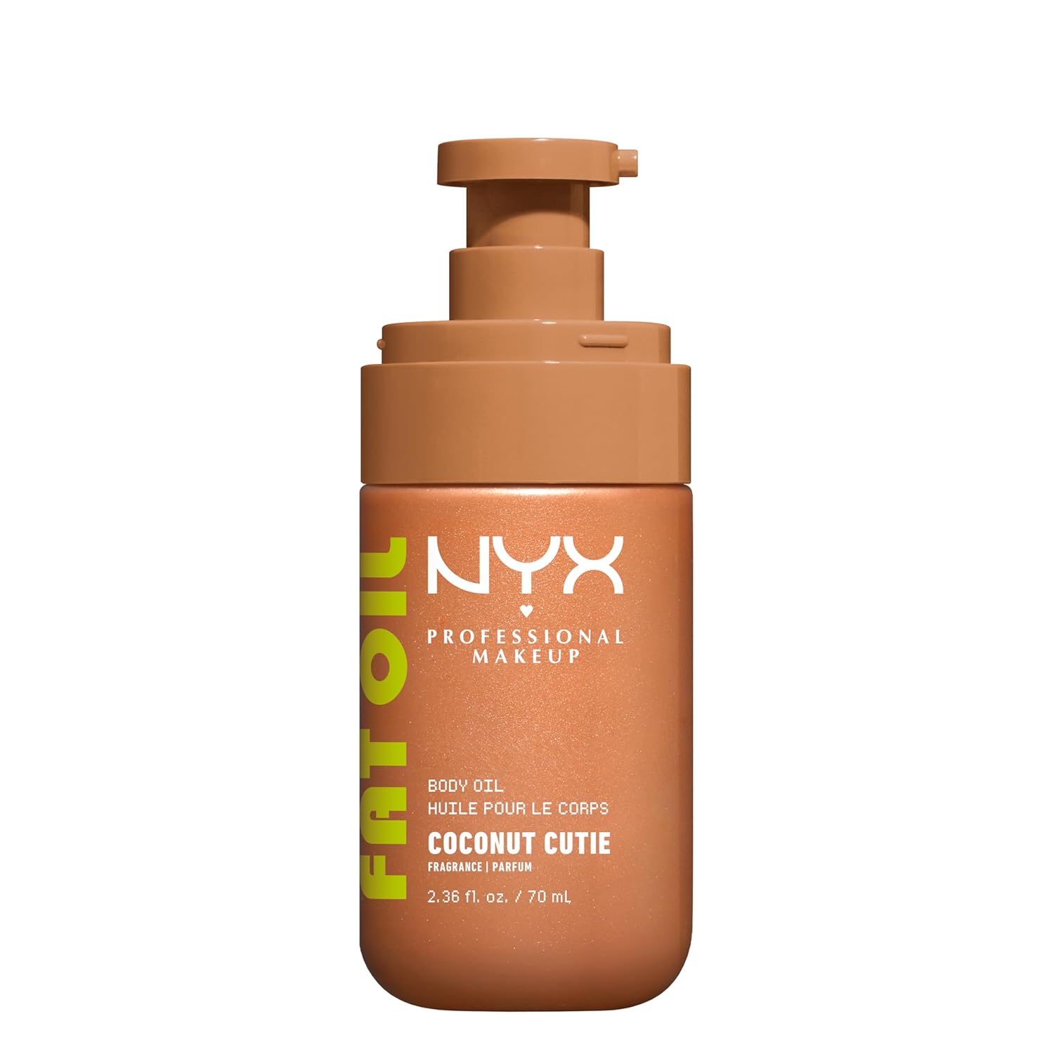 NYX PROFESSIONAL MAKEUP Fat Oil Body Oil in Coconut Cutie, Coconut Scented Body Glow Moisturizer With Vitamin E for 24HR Hydration and Glowing Skin, Golden Finish, Vegan & Cruelty-Free