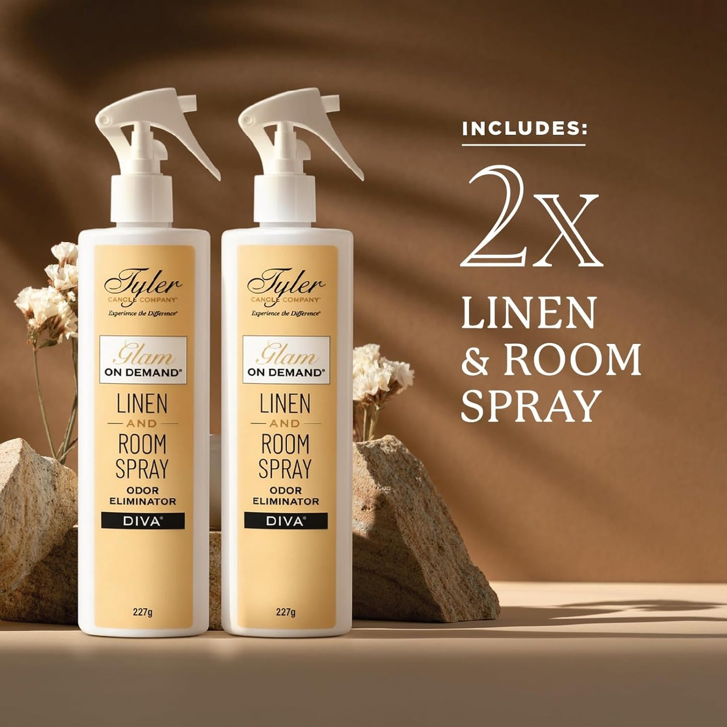 Tyler Glam on Demand - Diva Scent Linen and Room Spray 2 Pack - Air Freshener and Odor Eliminator Bundle with Kinara Stain Remover Pen - Laundry Bundle