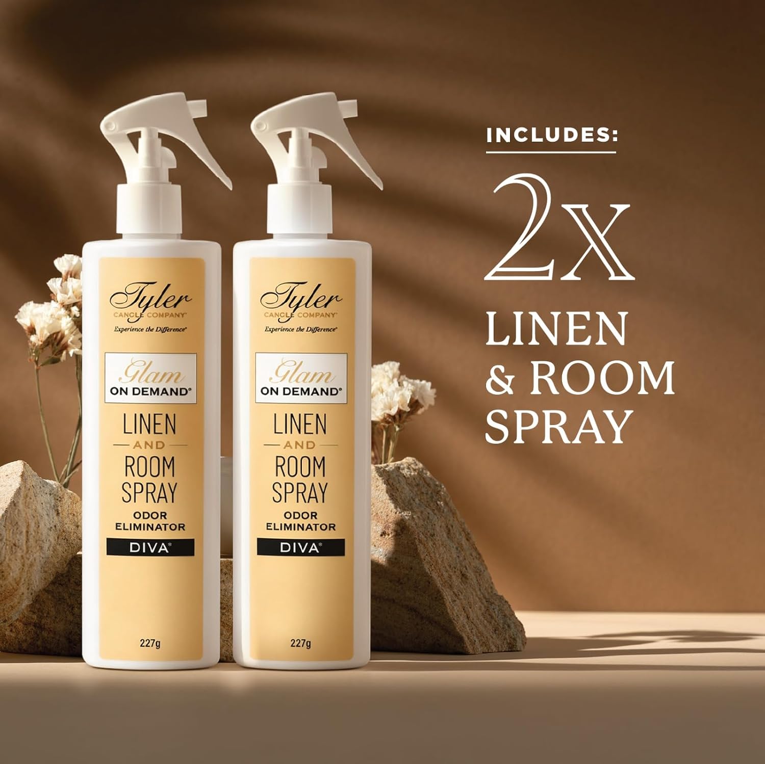 Tyler Glam on Demand - Diva Scent Linen and Room Spray 2 Pack - Air Freshener and Odor Eliminator Bundle with Kinara Stain Remover Pen - Laundry Bundle