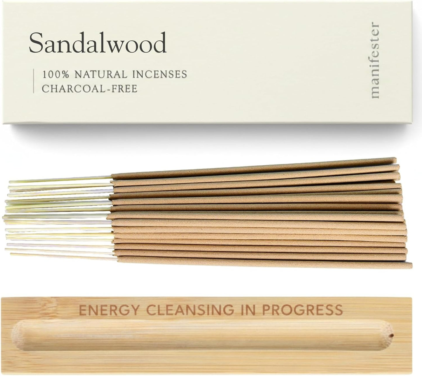 Sandalwood Incense Sticks 100% Natural, Clean, Non Toxic, Charcoal Free - Energy Cleansing, Protection, New Home Spiritual Smudging Incenses - 30 Sticks & Bamboo Holder (Sandalwood)