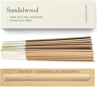 Sandalwood Incense Sticks 100% Natural, Clean, Non Toxic, Charcoal Free - Energy Cleansing, Protection, New Home Spiritual Smudging Incenses - 30 Sticks & Bamboo Holder (Sandalwood)