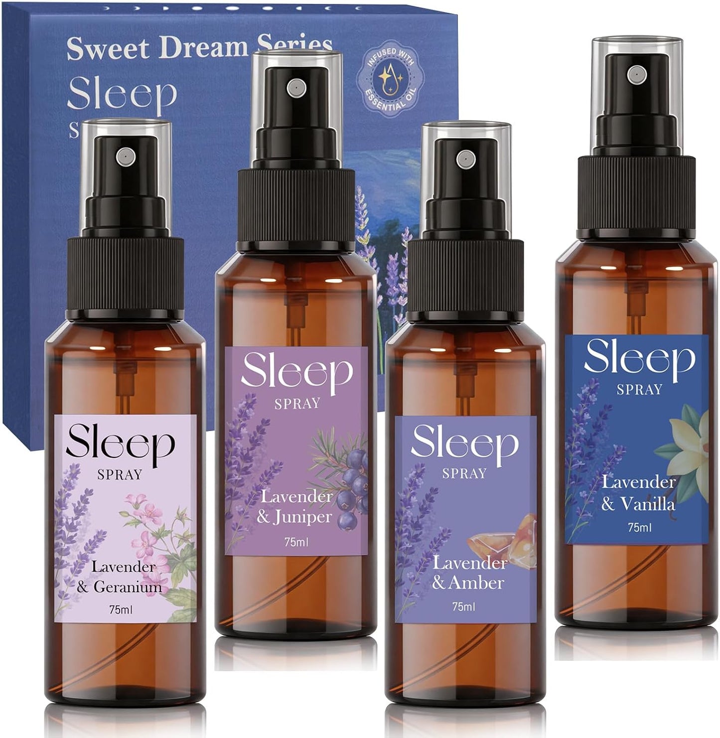 STRN Room Spray with Lavender Essential Oil for Sleep, Sleep Spray, Pillow Spray, 4 Scents - Lavender & Geranium, Juniper, Vanilla, Amber, Sweet Dream Fragrance Mist, 75 ML x 4 Bottles
