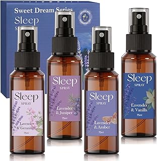 STRN Room Spray with Lavender Essential Oil for Sleep, Sleep Spray, Pillow Spray, 4 Scents - Lavender & Geranium, Juniper, Vanilla, Amber, Sweet Dream Fragrance Mist, 75 ML x 4 Bottles