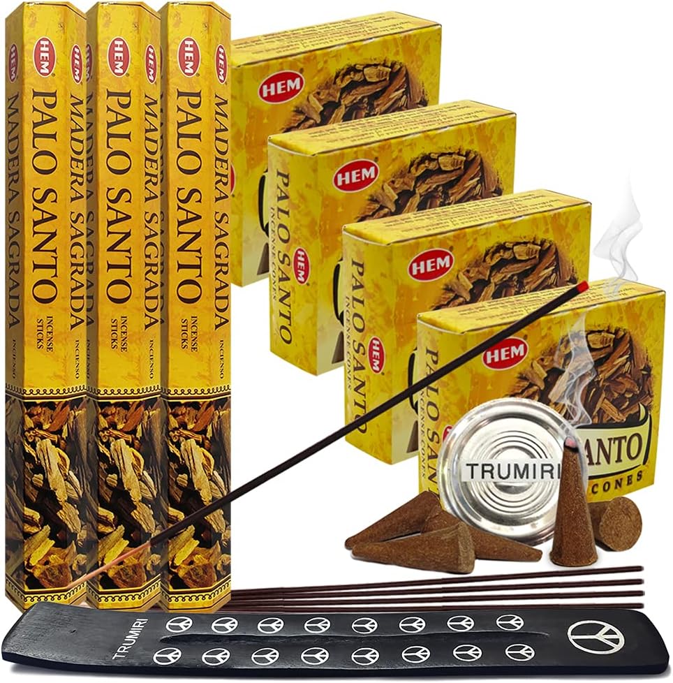 Palo Santo Incense Sticks and Cones Variety Pack with Burner Holder Bundle from Hem Incense Trumiri for Smudging and Aroma