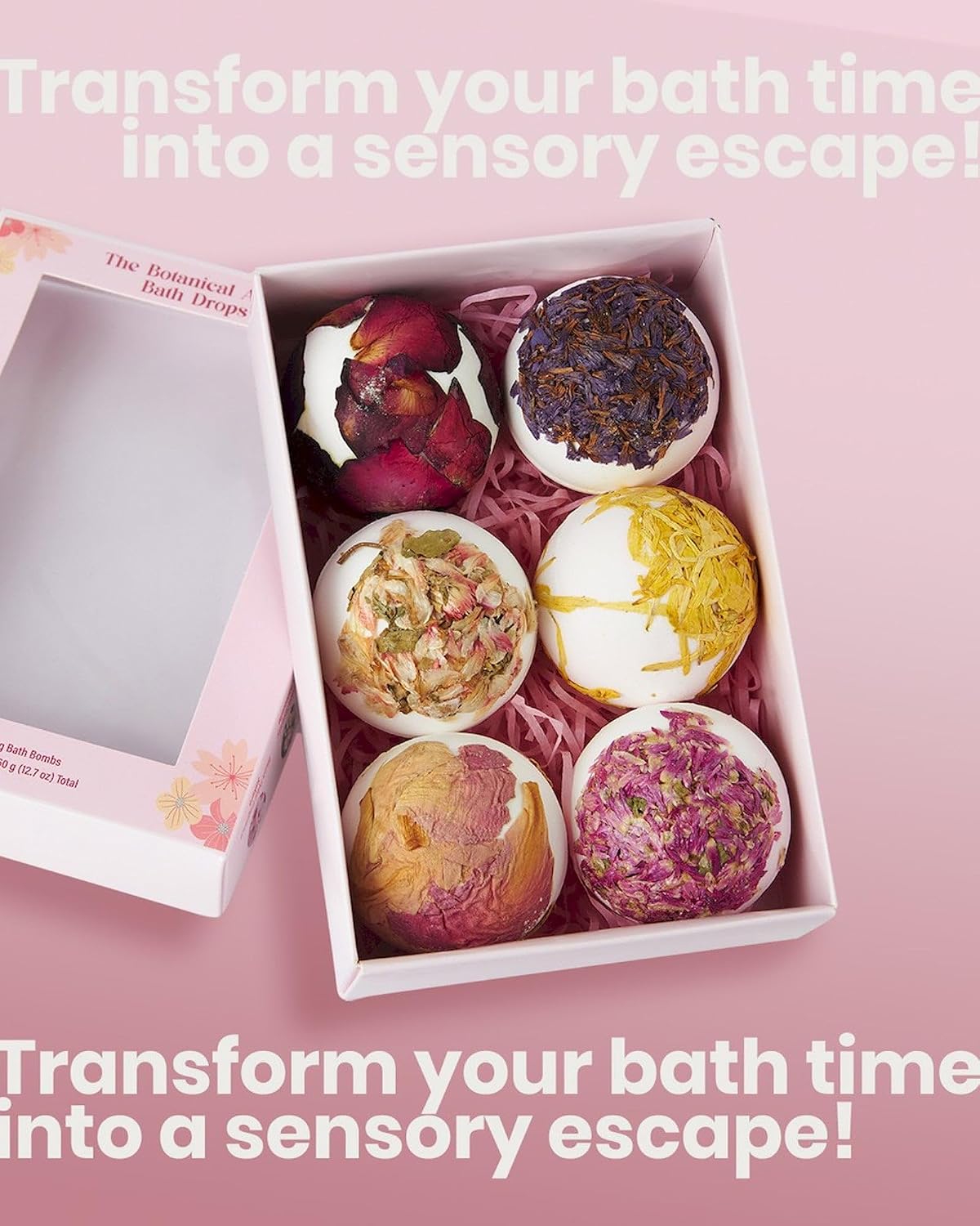 Botanical Abbey Bath Drops, 6 Count, 60g Each,Rose, Phoenix Flower, Violet, Jasmine, Chamomile, Sakura Scents, Luxury Bath Bombs with Shea Butter & Cocoa Butter | RUBY VIBE CO