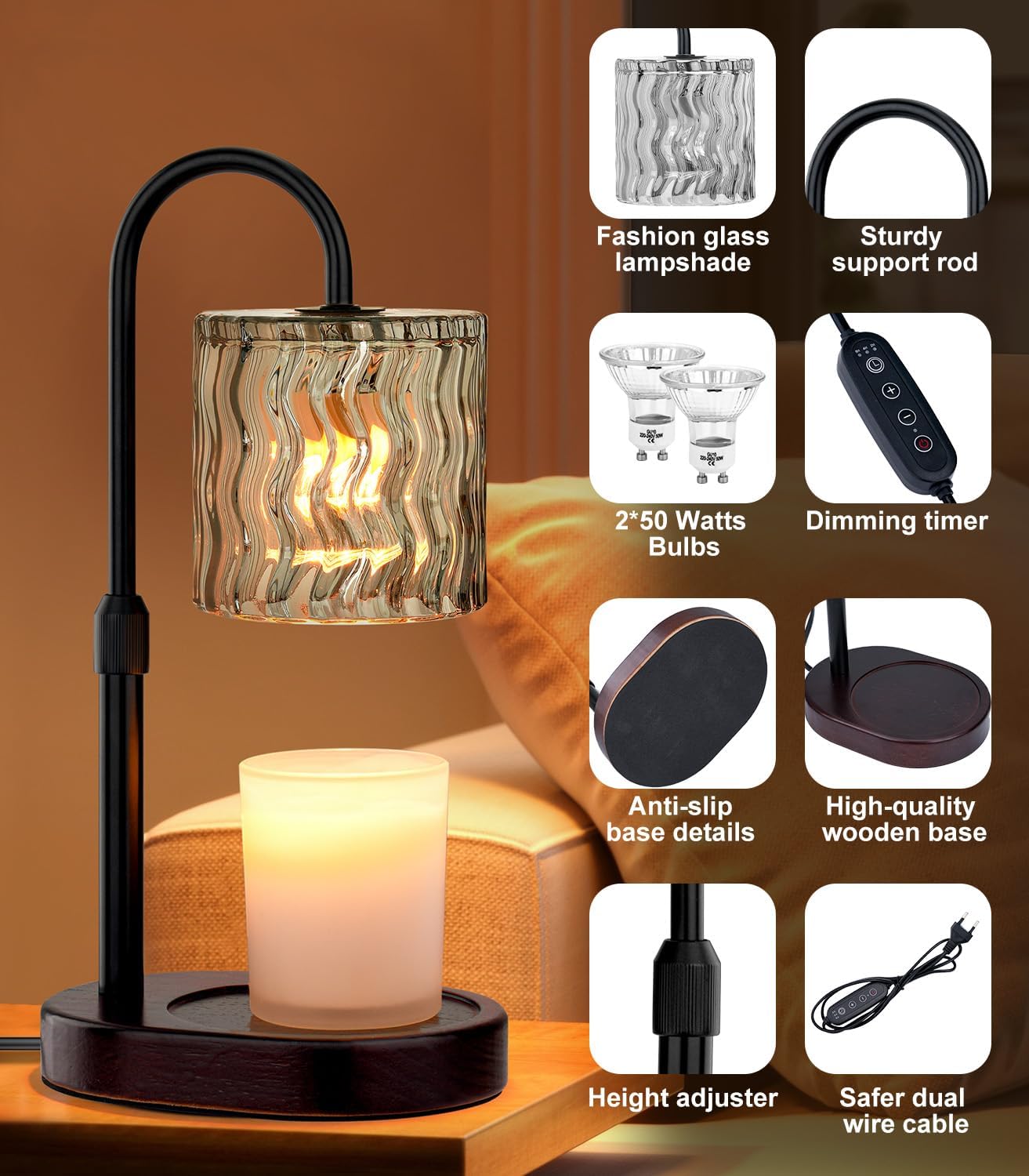Candle Warmer Lamp Electric Timer: Height Adjustable Burner Jar- Dimmable Candles Warming Lamps - No Flame Scented Melts Wax - All Candle Jars Home Decor Table Light